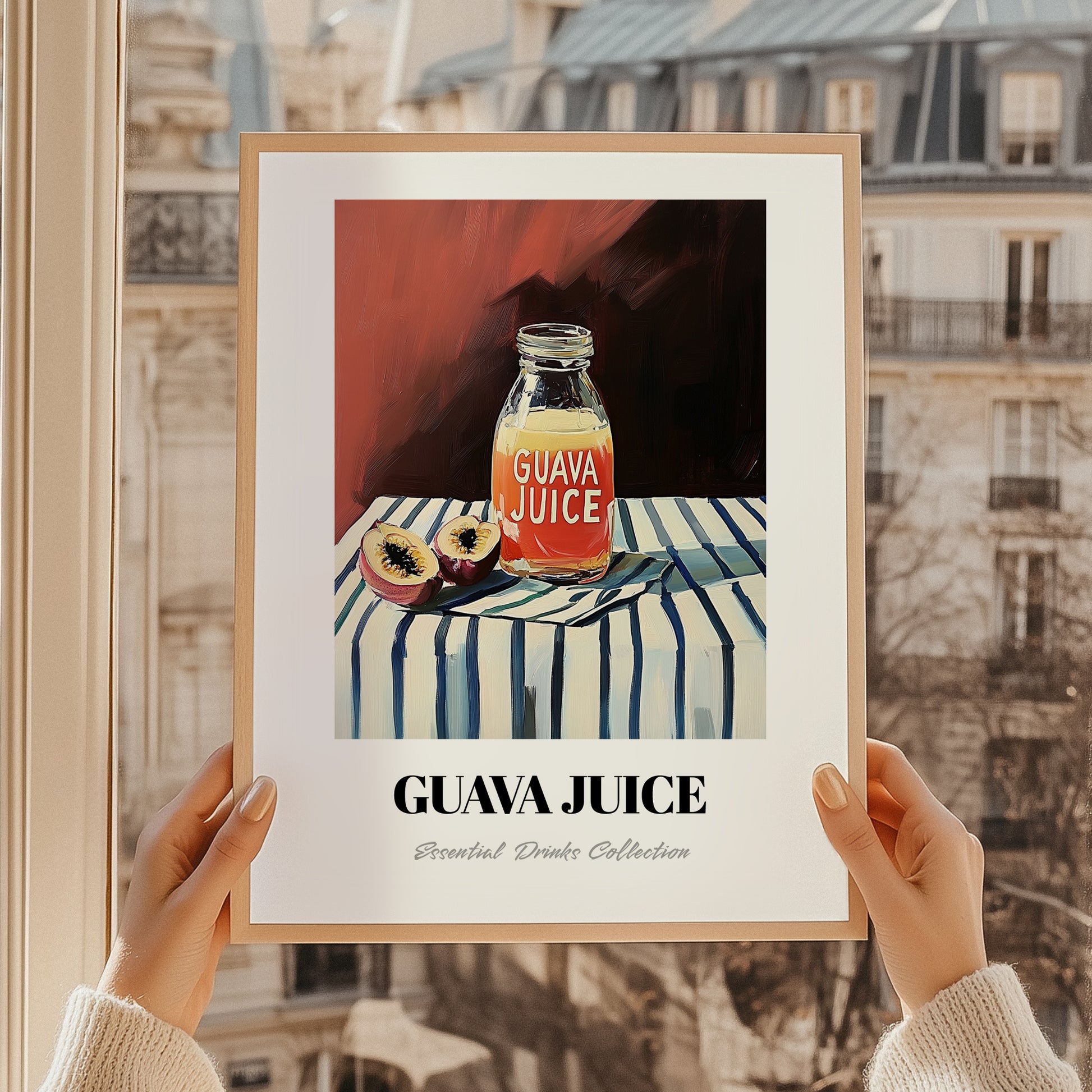 Guava Juice – on Striped Tablecloth, Lemonade Painting, styled in a charming Paris street view