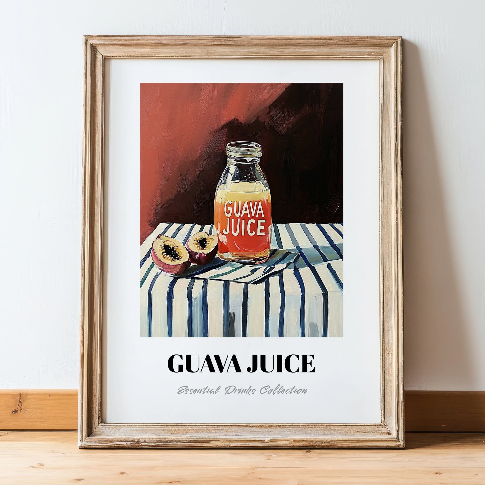 Guava Juice – on Striped Tablecloth, Lemonade Painting, in wooden frame leaning on the floor