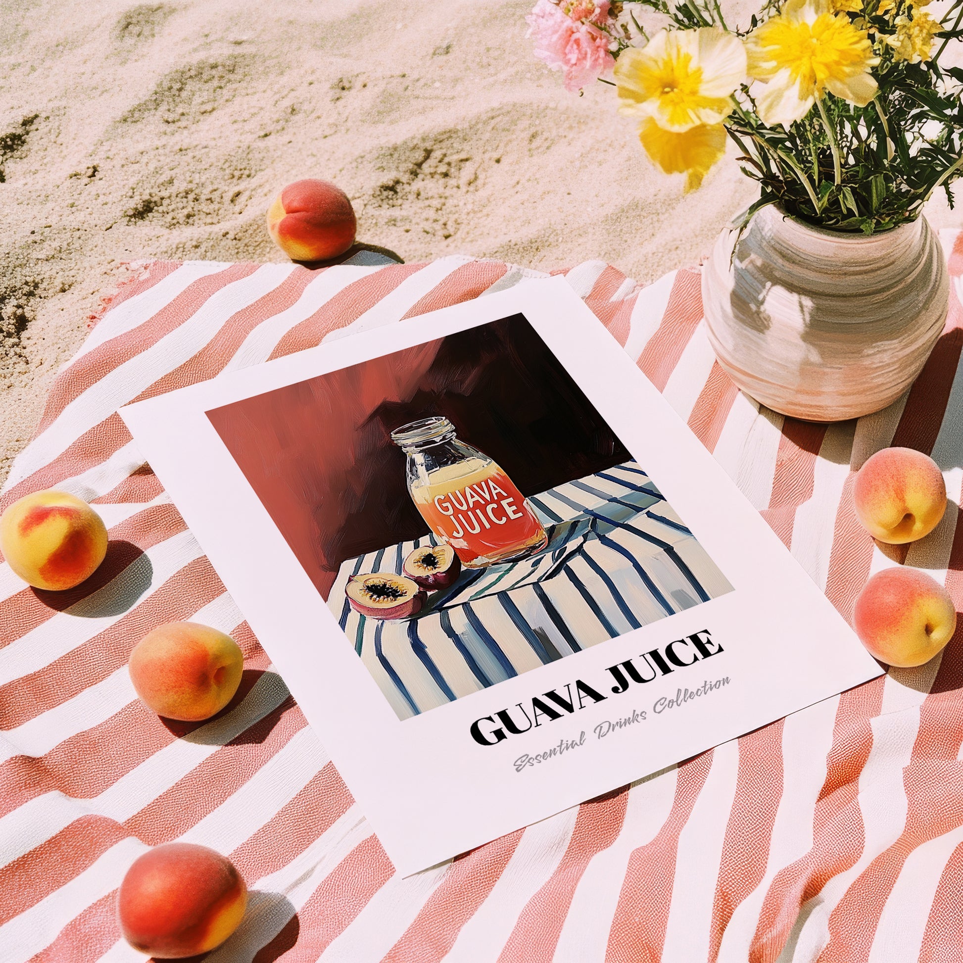 Guava Juice – on Striped Tablecloth, Lemonade Painting, unframed on coastal sand