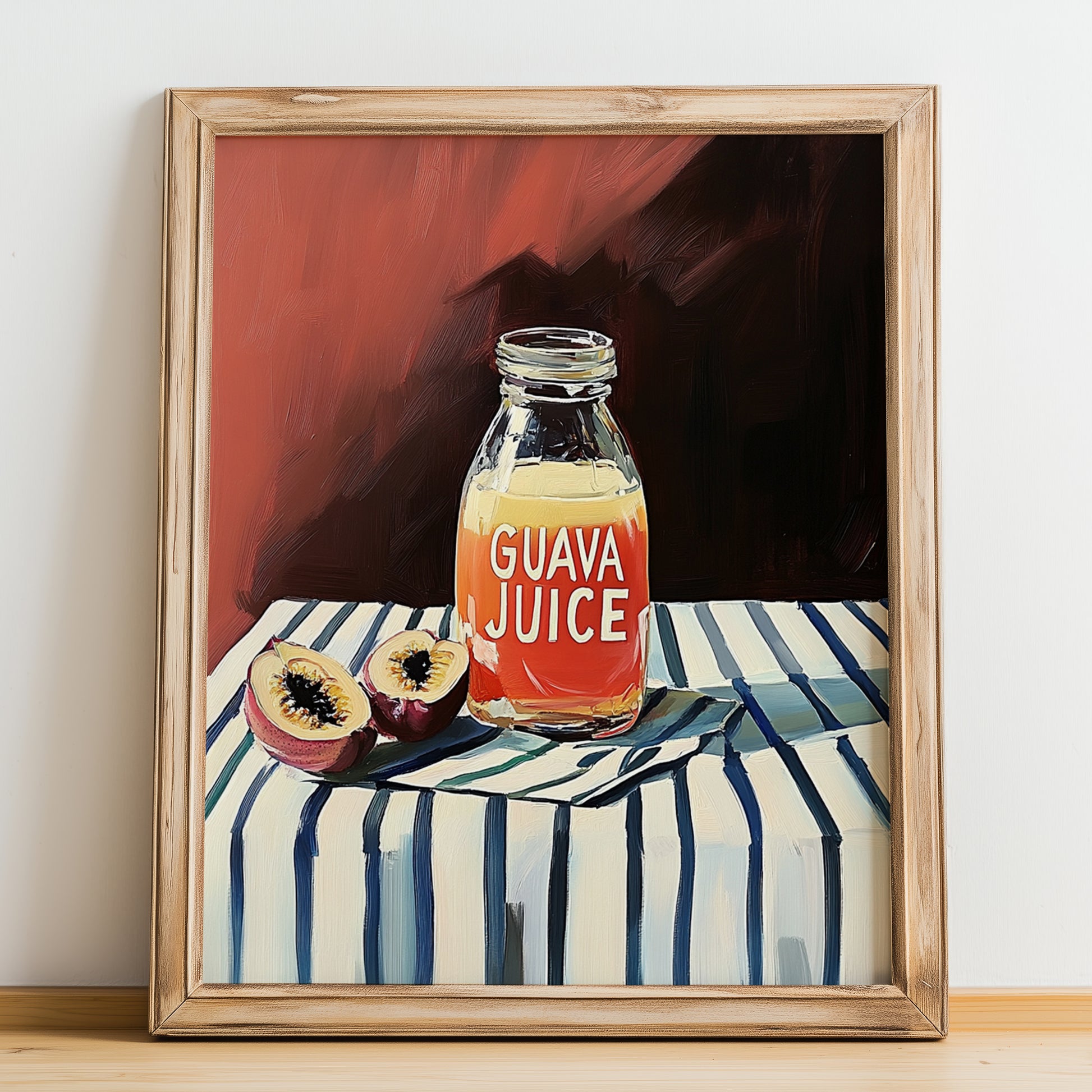 Guava Juice – on Striped Tablecloth, Lemonade Painting, no-text version framed in wood