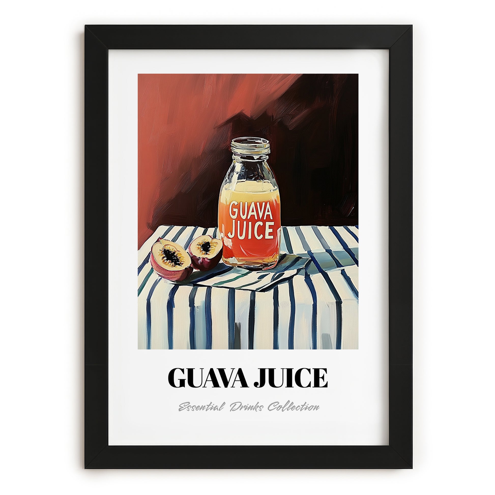 Guava Juice – on Striped Tablecloth, Lemonade Painting, in sleek black frame