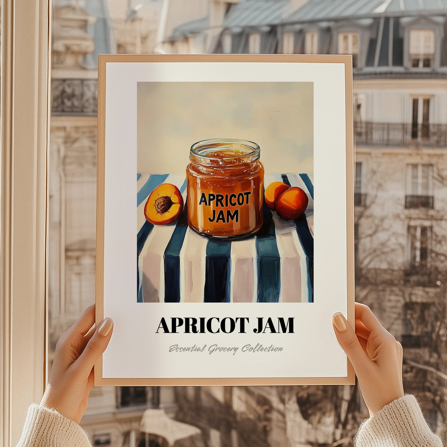 Apricot Jam – on Striped Tablecloth, Jam Wall Print, styled in a charming Paris street view