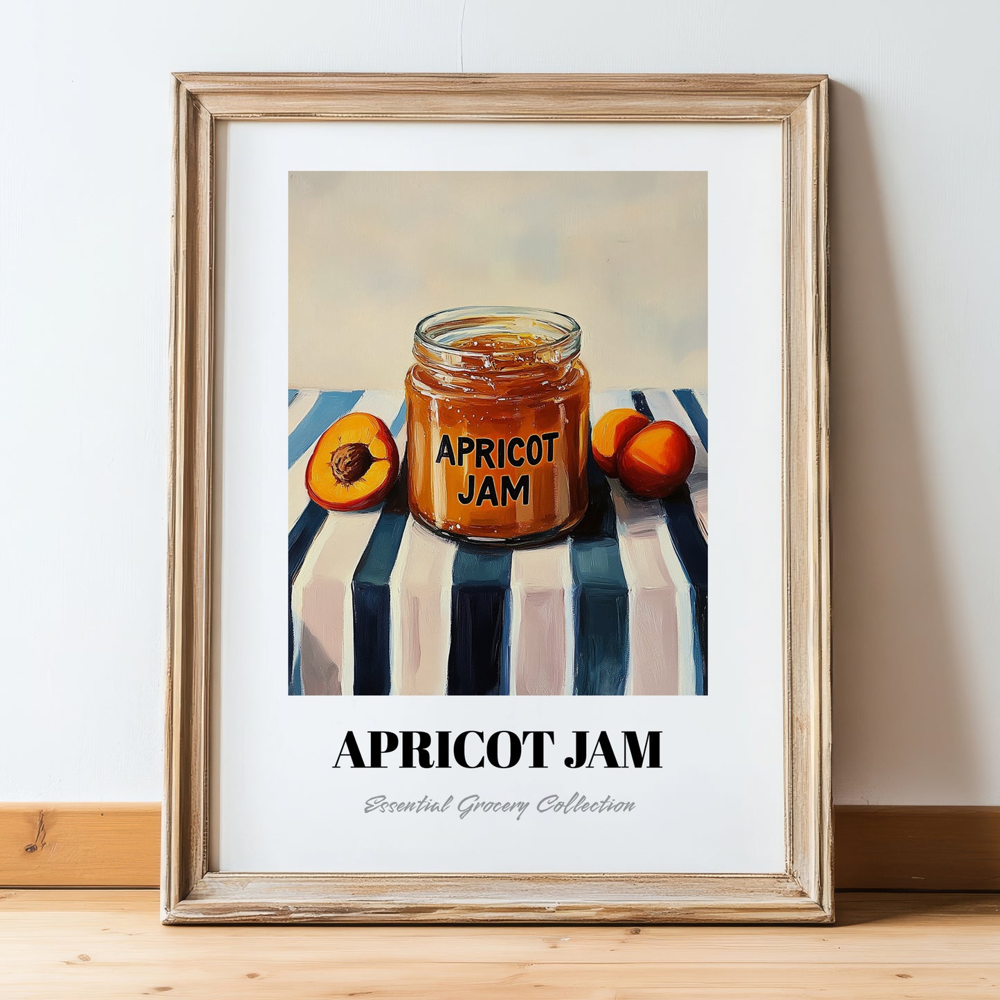 Apricot Jam – on Striped Tablecloth, Jam Wall Print, in wooden frame leaning on the floor