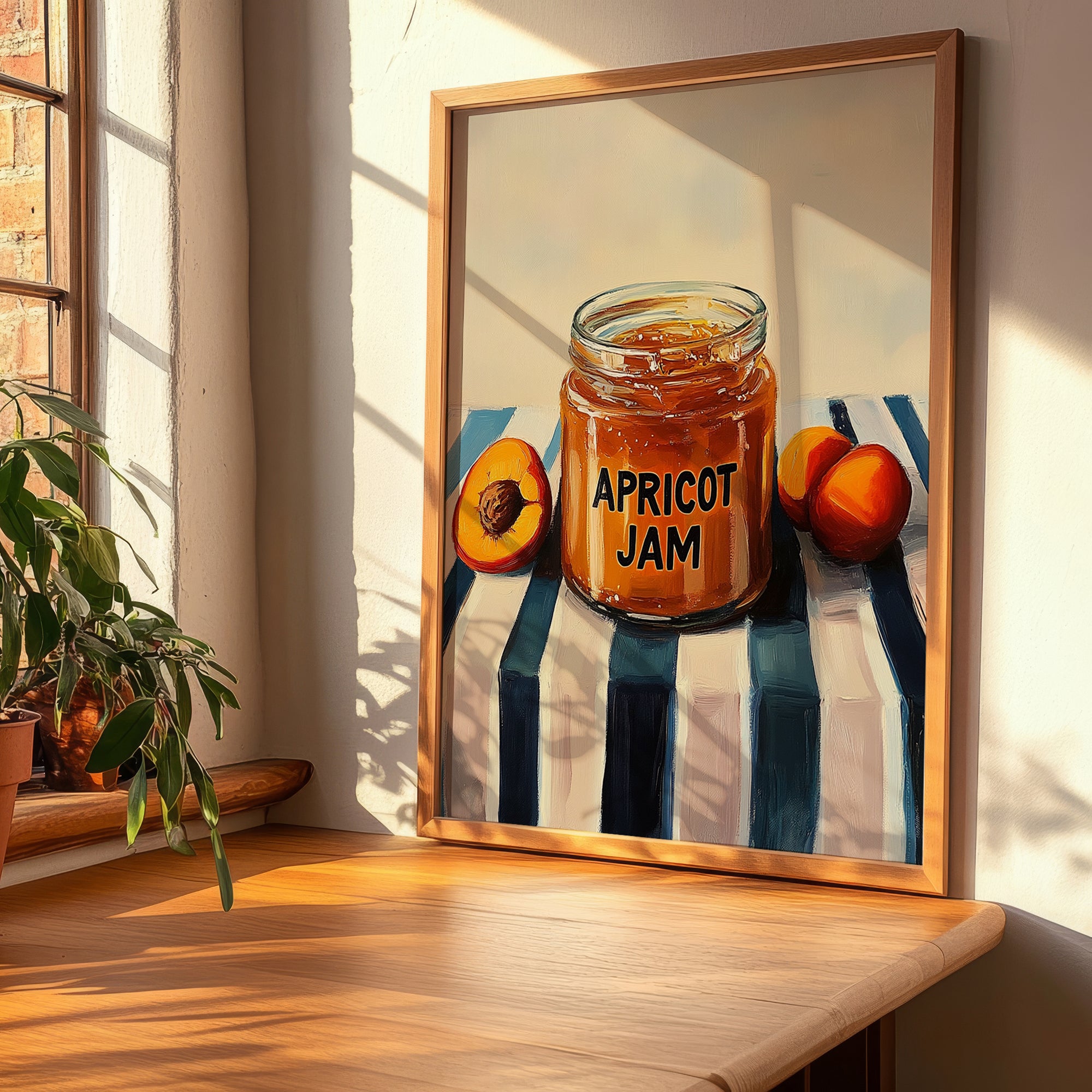 Apricot Jam – on Striped Tablecloth, Jam Wall Print, clean layout with no caption