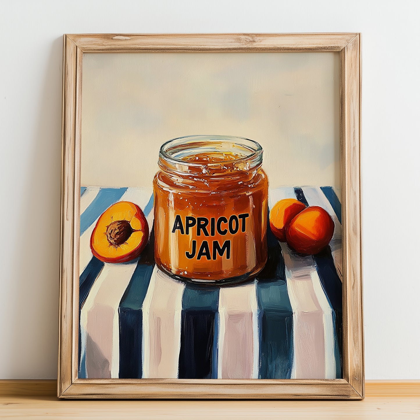 Apricot Jam – on Striped Tablecloth, Jam Wall Print, no-text version framed in wood