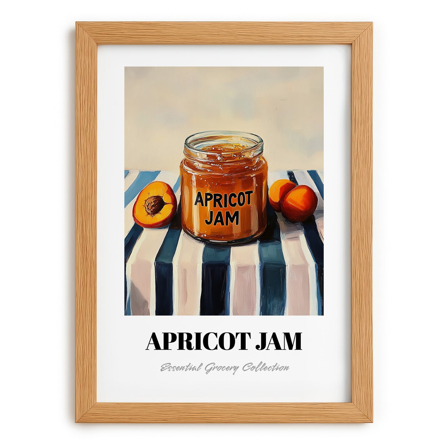 Apricot Jam – on Striped Tablecloth, Jam Wall Print, set in oak frame