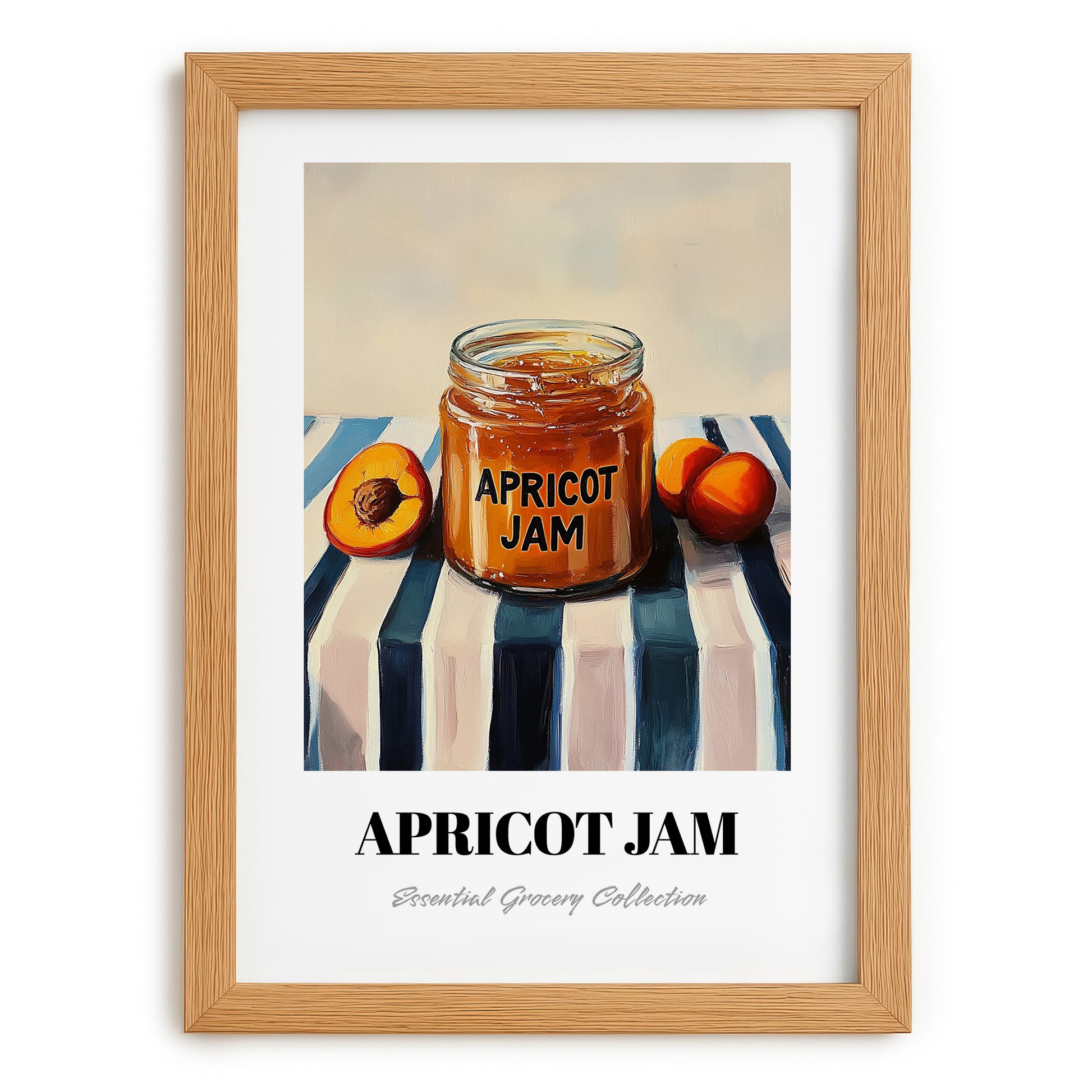 Apricot Jam – on Striped Tablecloth, Jam Wall Print, set in oak frame