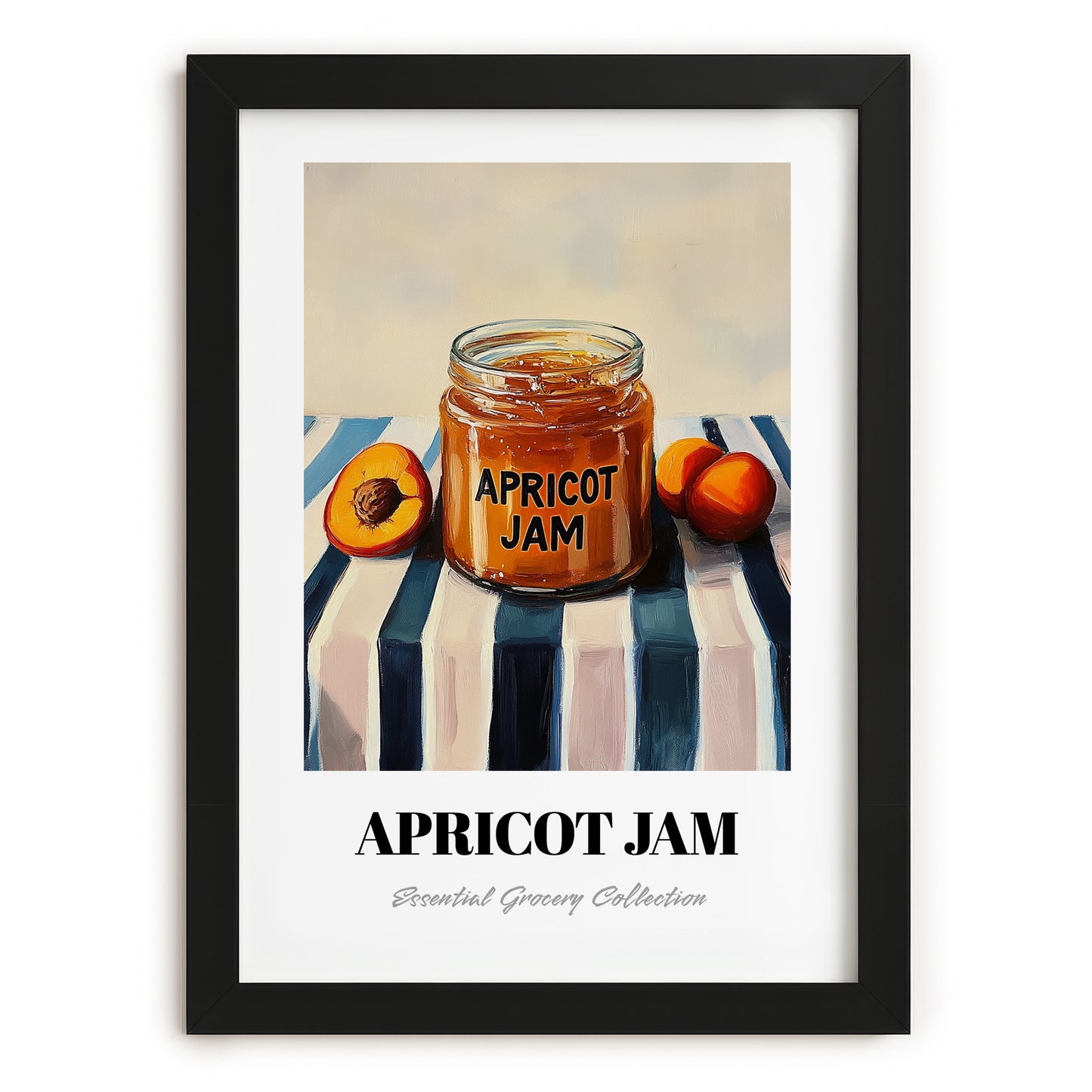 Apricot Jam – on Striped Tablecloth, Jam Wall Print, in sleek black frame