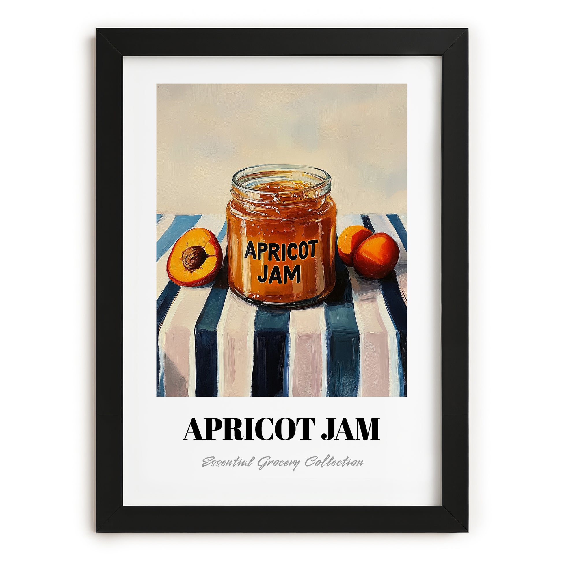 Apricot Jam – on Striped Tablecloth, Jam Wall Print, in sleek black frame