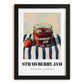 Strawberry Jam – on Striped Tablecloth, Jam Wall Art, in sleek black frame