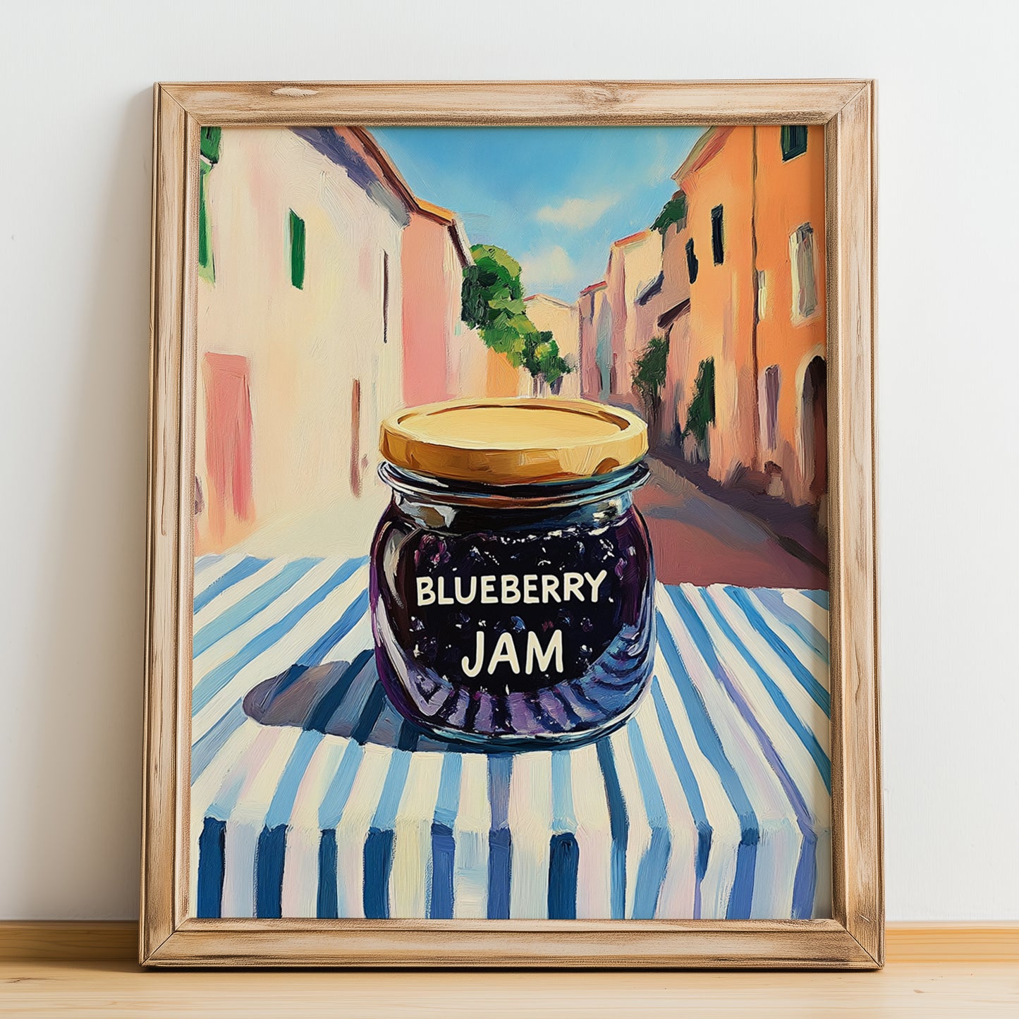 Blueberry Jam – Italian Café on the Corner, Jam Print, no-text version framed in wood
