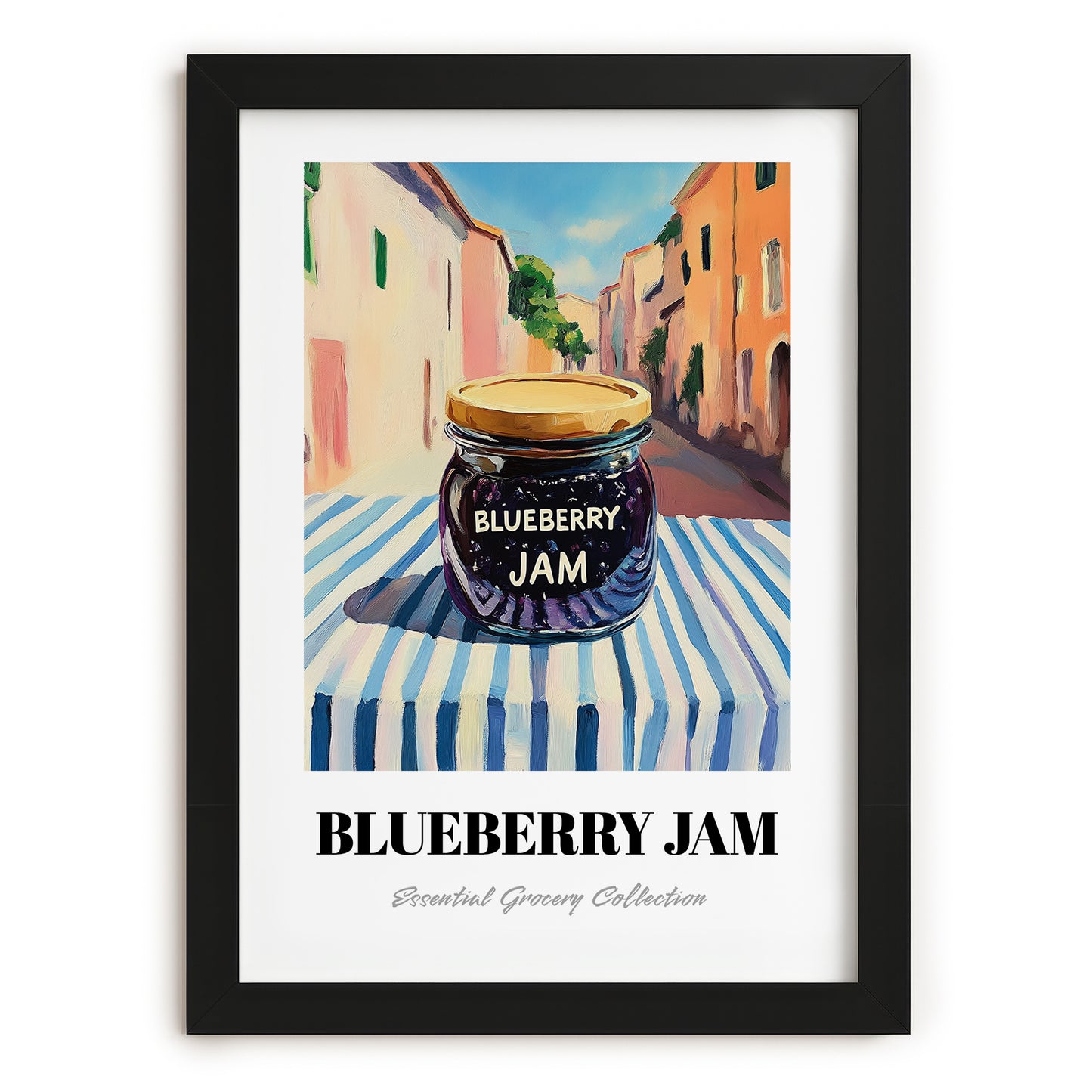 Blueberry Jam – Italian Café on the Corner, Jam Print, in sleek black frame
