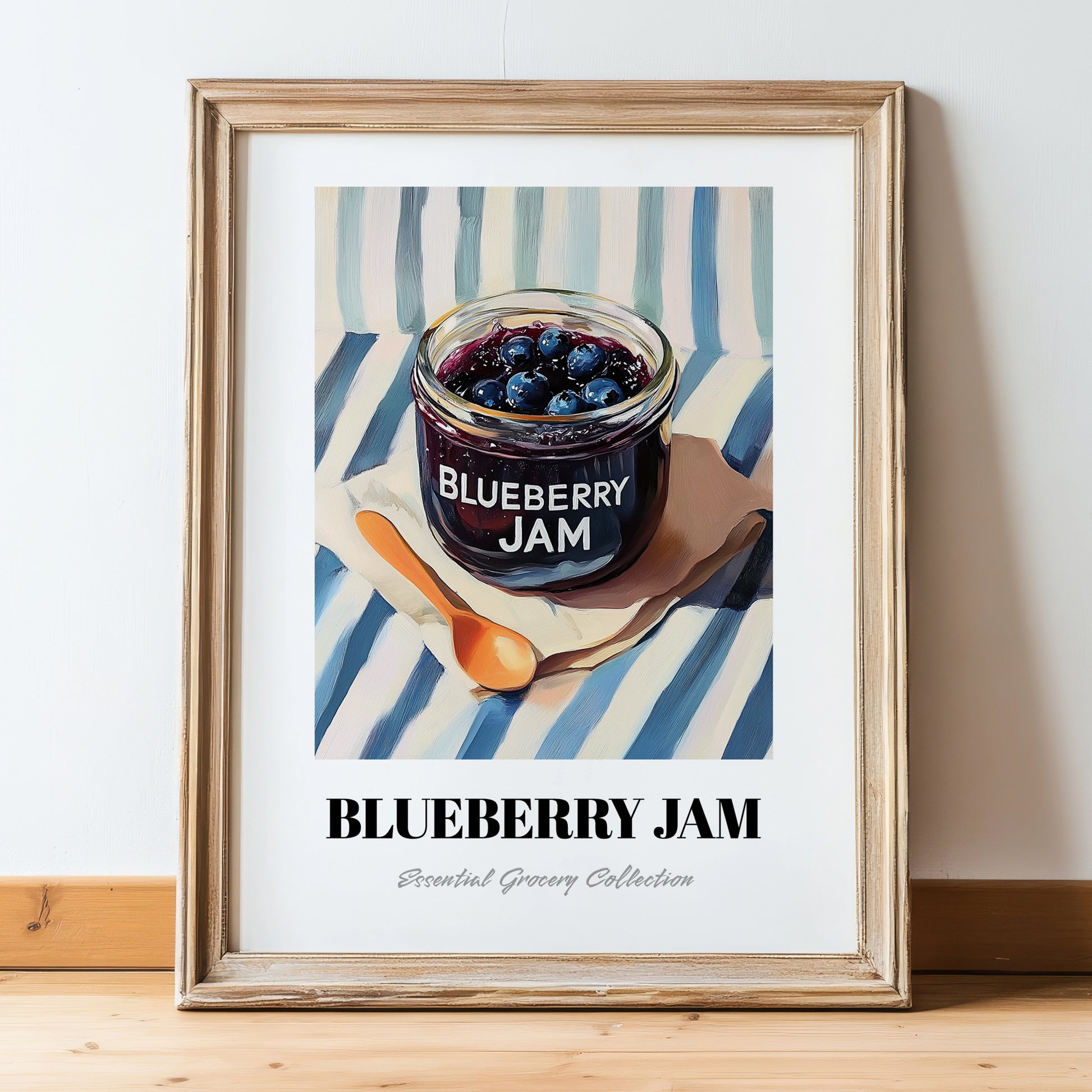 Blueberry Jam – on Striped Tablecloth, Jam Wall Decor, in wooden frame leaning on the floor