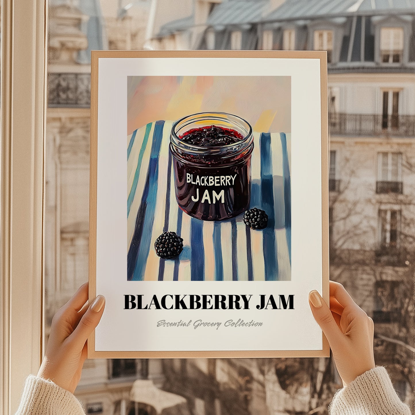 Blackberry Jam – on Striped Tablecloth, Jam Poster, styled in a charming Paris street view