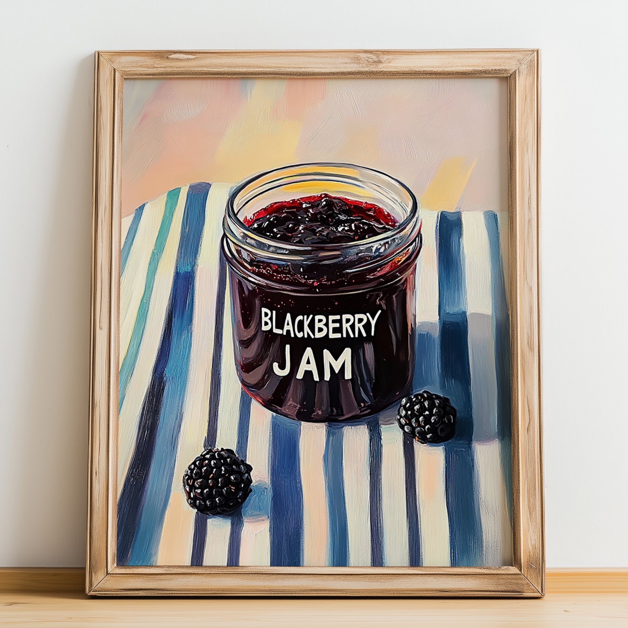 Blackberry Jam – on Striped Tablecloth, Jam Poster, no-text version framed in wood