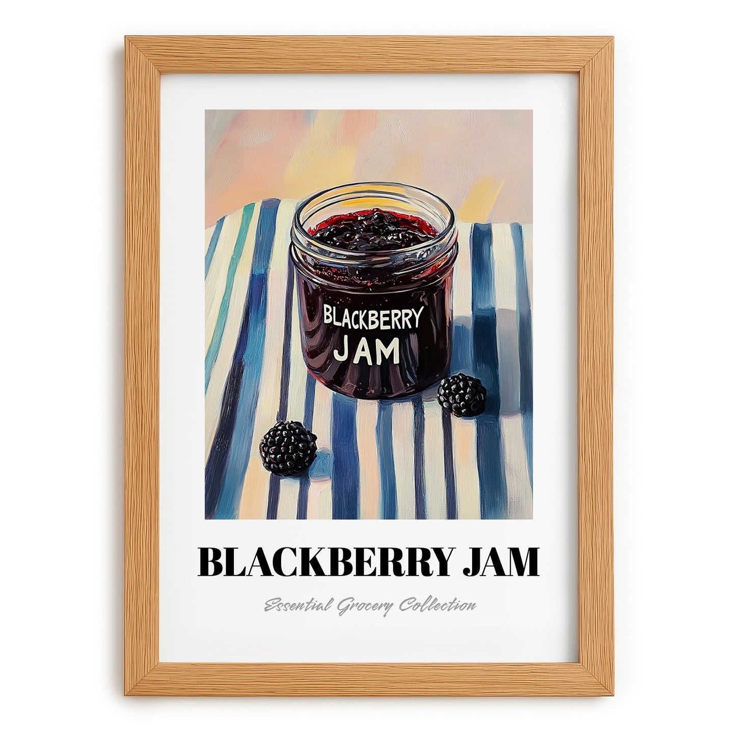 Blackberry Jam – on Striped Tablecloth, Jam Poster, set in oak frame