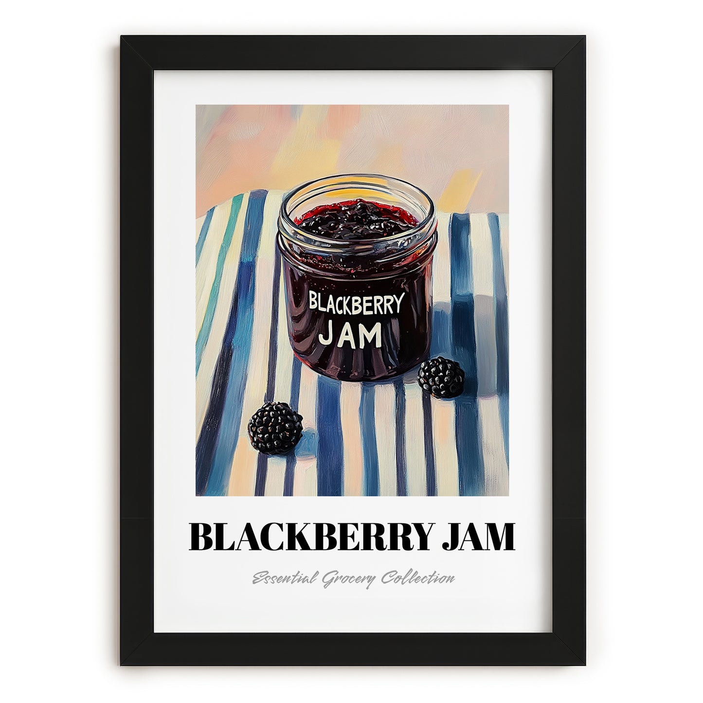Blackberry Jam – on Striped Tablecloth, Jam Poster, in sleek black frame