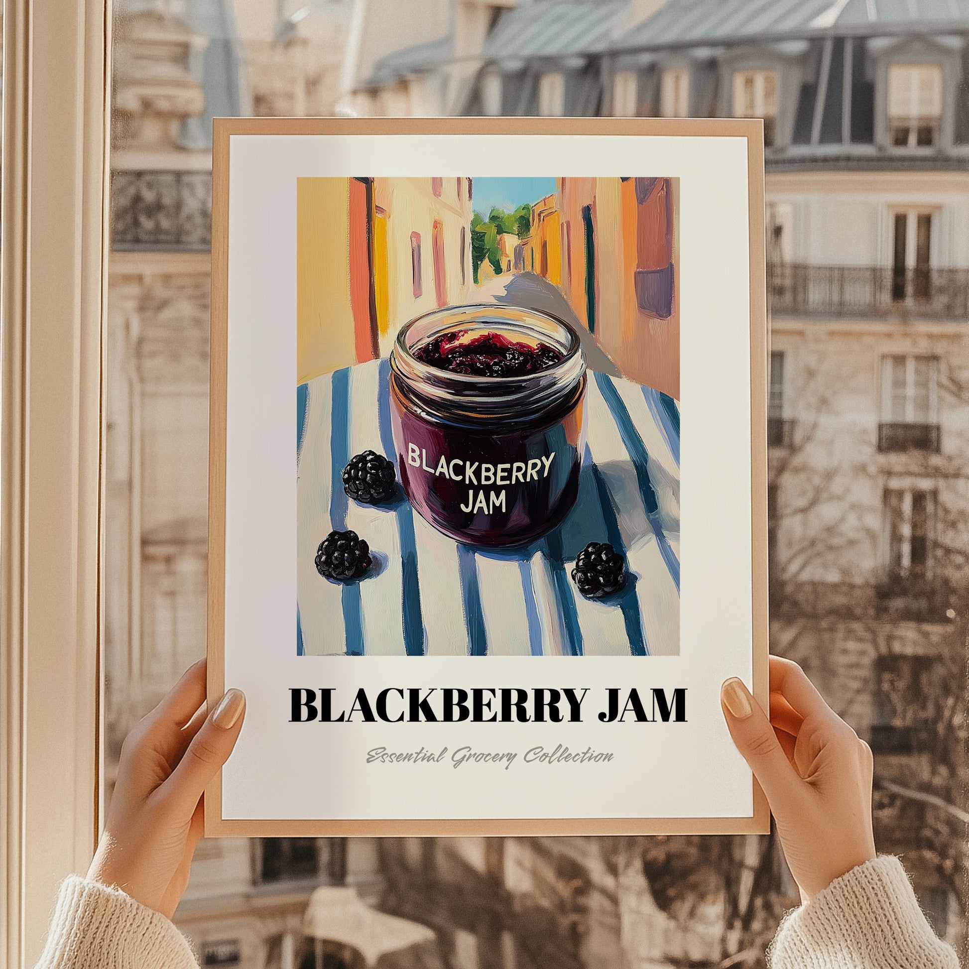 Blackberry Jam – Italian Urban Café Scene, Jam Print, styled in a charming Paris street view