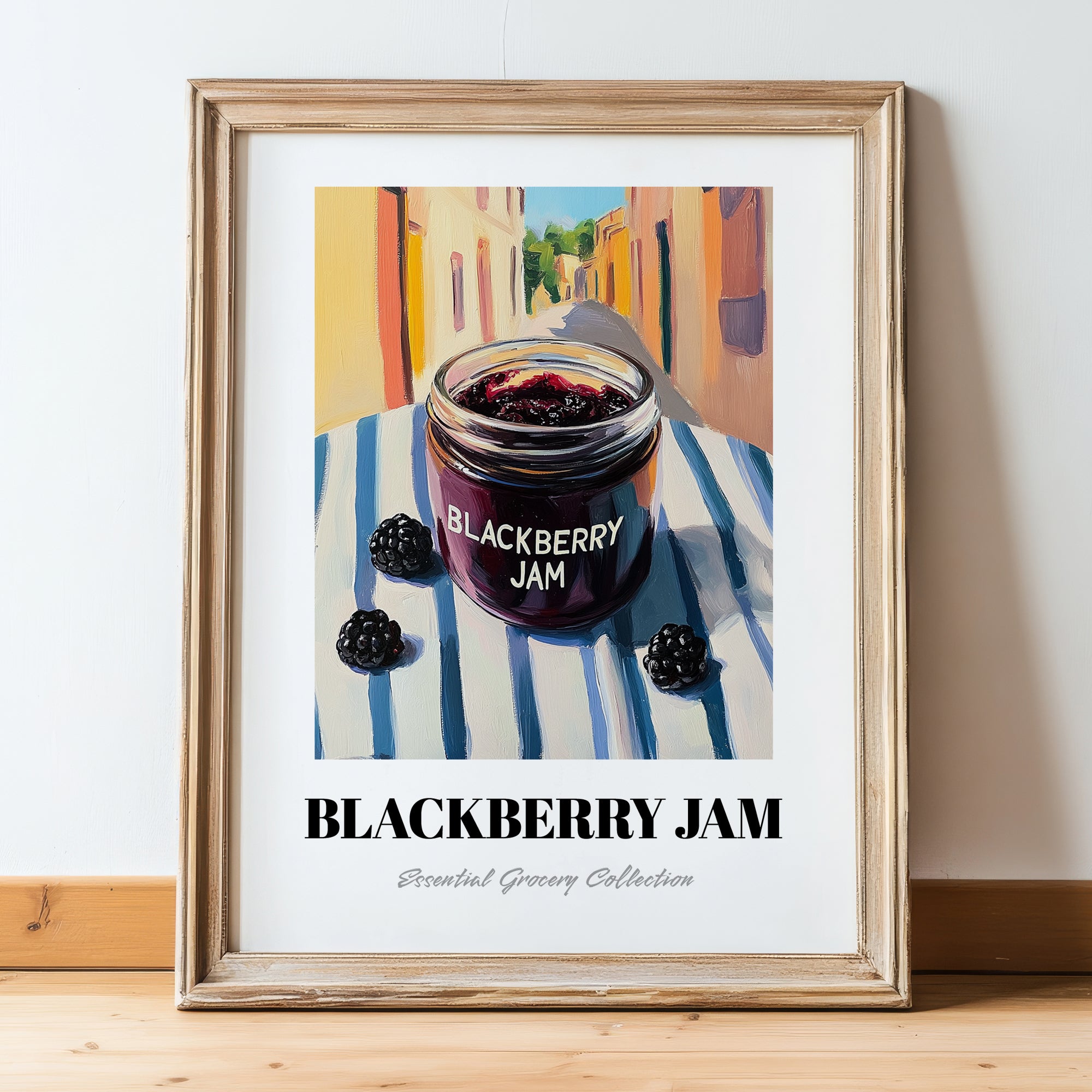 Blackberry Jam – Italian Urban Café Scene, Jam Print, in wooden frame leaning on the floor