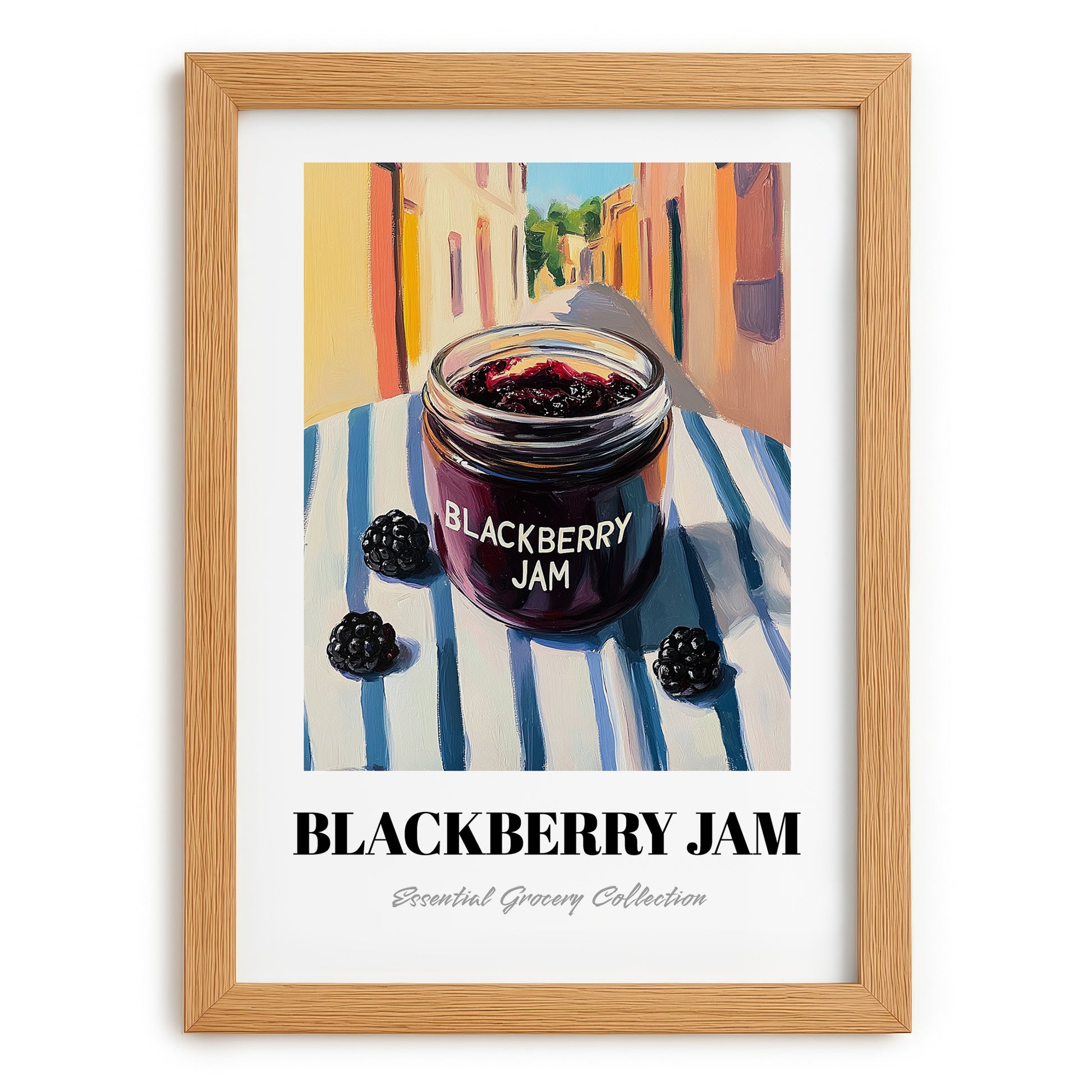 Blackberry Jam – Italian Urban Café Scene, Jam Print, set in oak frame