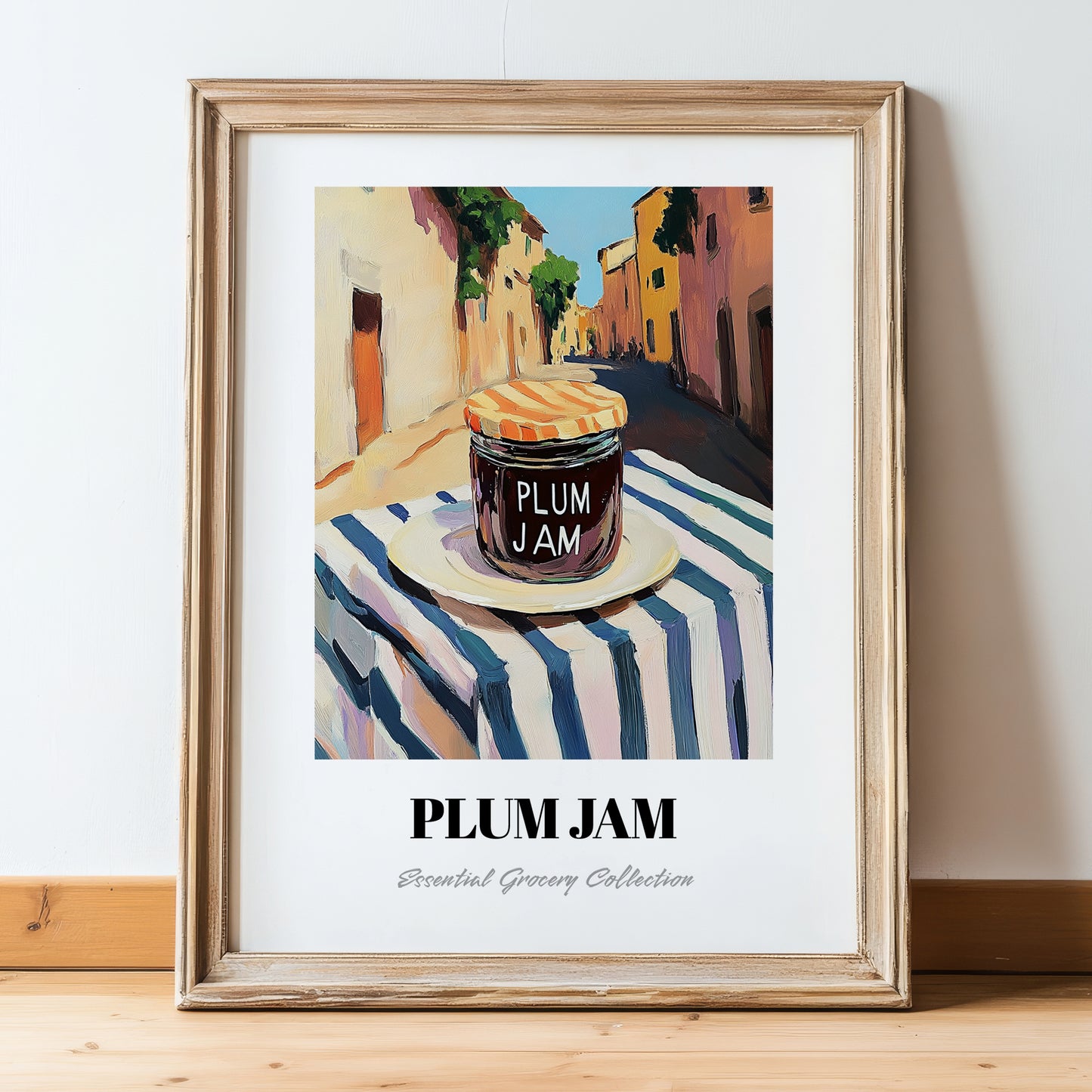 Plum Jam – Italian Street Café Scene, Jam Print, in wooden frame leaning on the floor