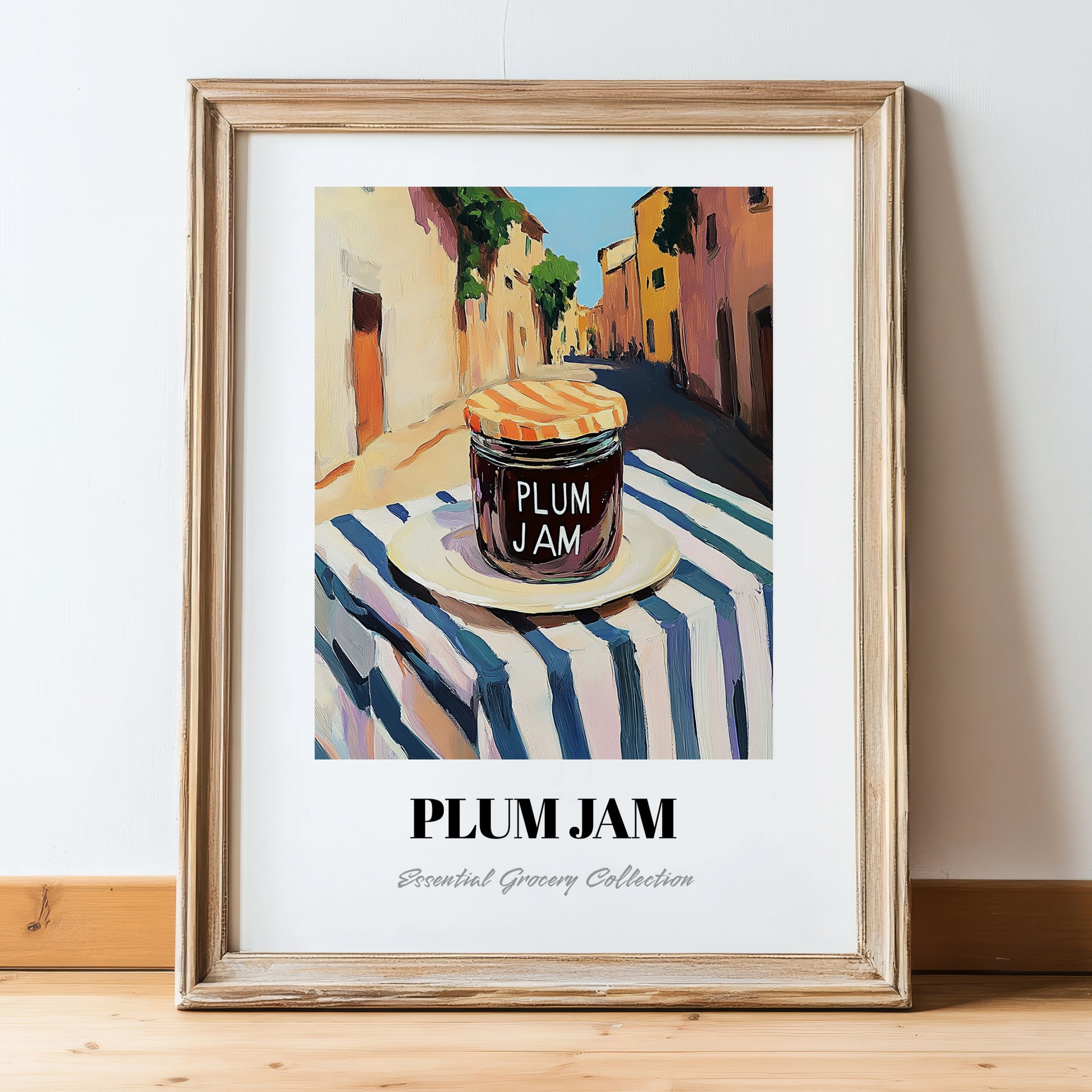 Plum Jam – Italian Street Café Scene, Jam Print, in wooden frame leaning on the floor