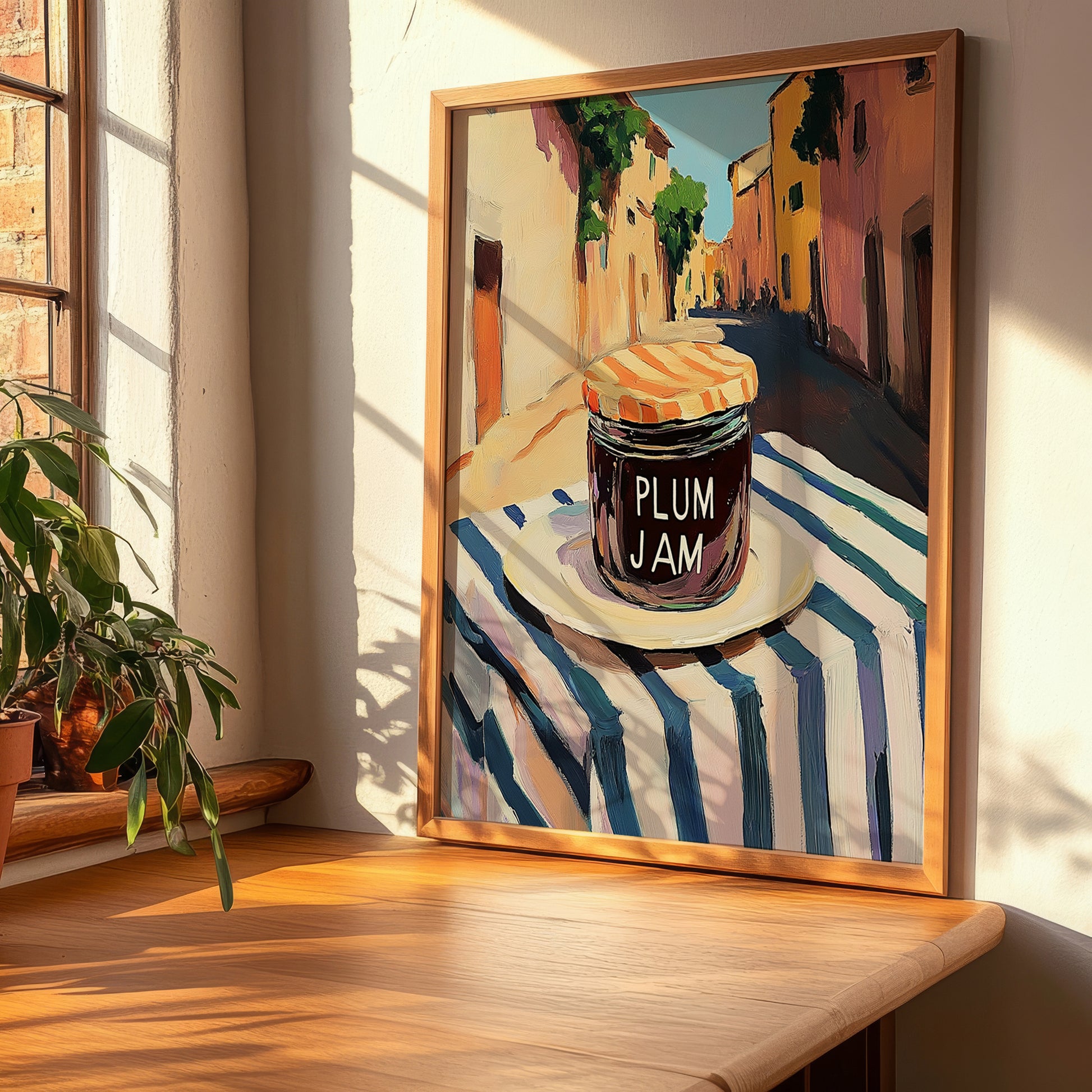Plum Jam – Italian Street Café Scene, Jam Print, clean layout with no caption