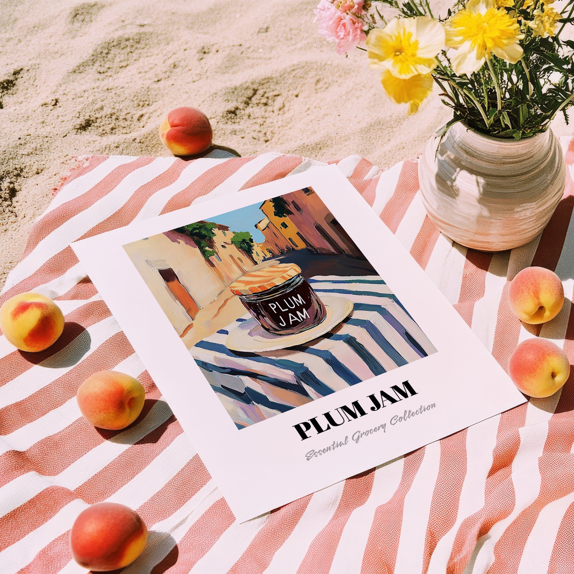 Plum Jam – Italian Street Café Scene, Jam Print, unframed on coastal sand