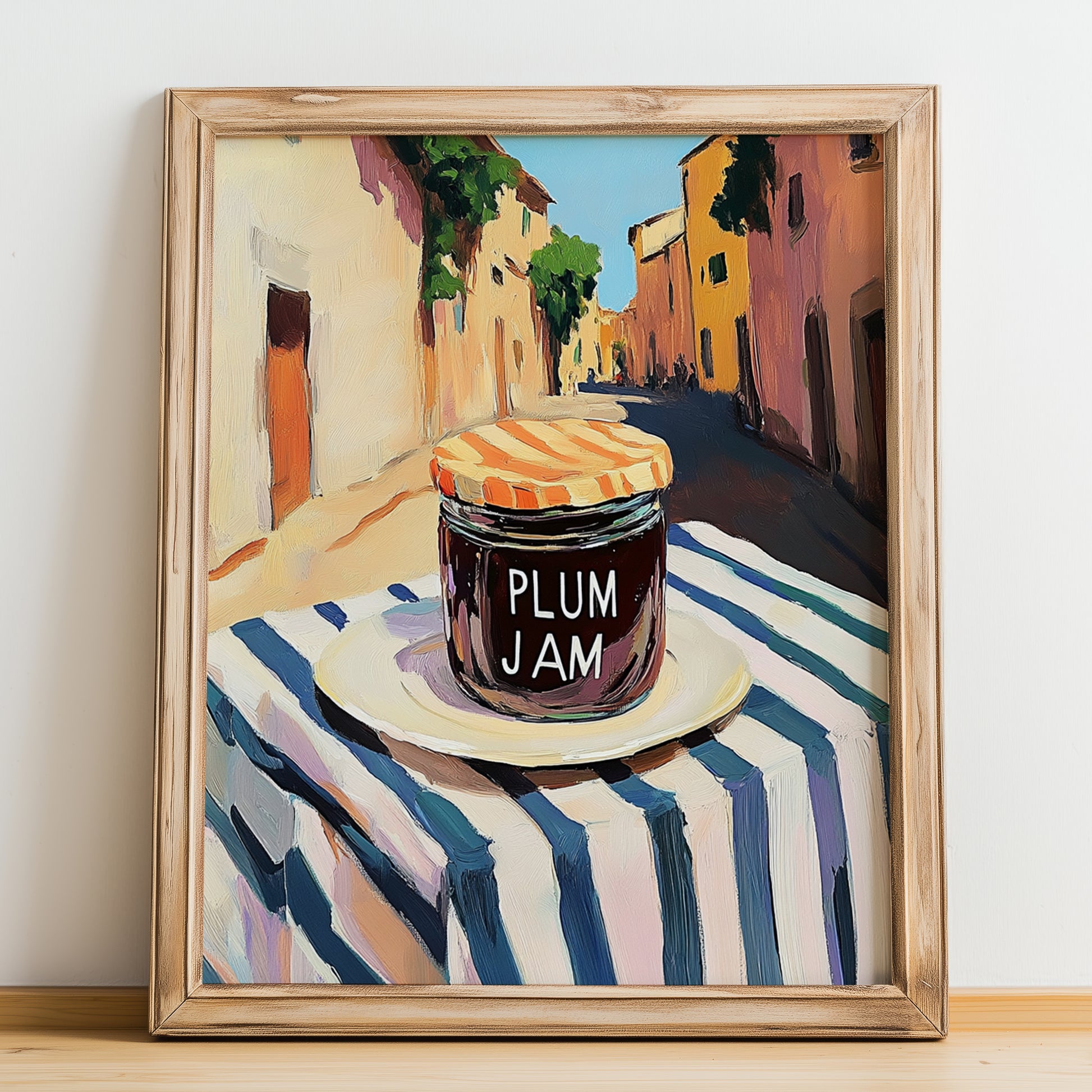 Plum Jam – Italian Street Café Scene, Jam Print, no-text version framed in wood