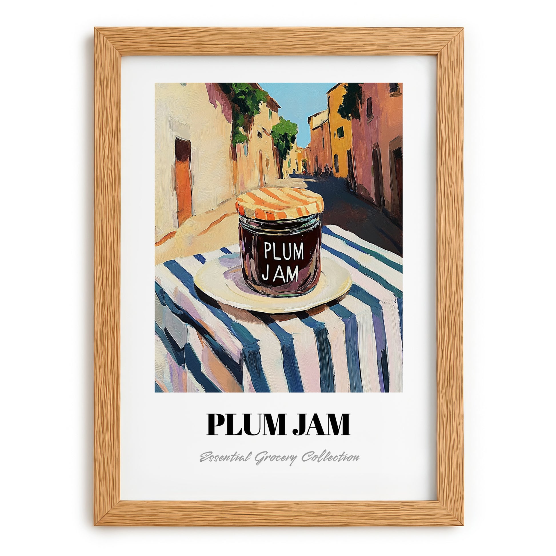 Plum Jam – Italian Street Café Scene, Jam Print, set in oak frame