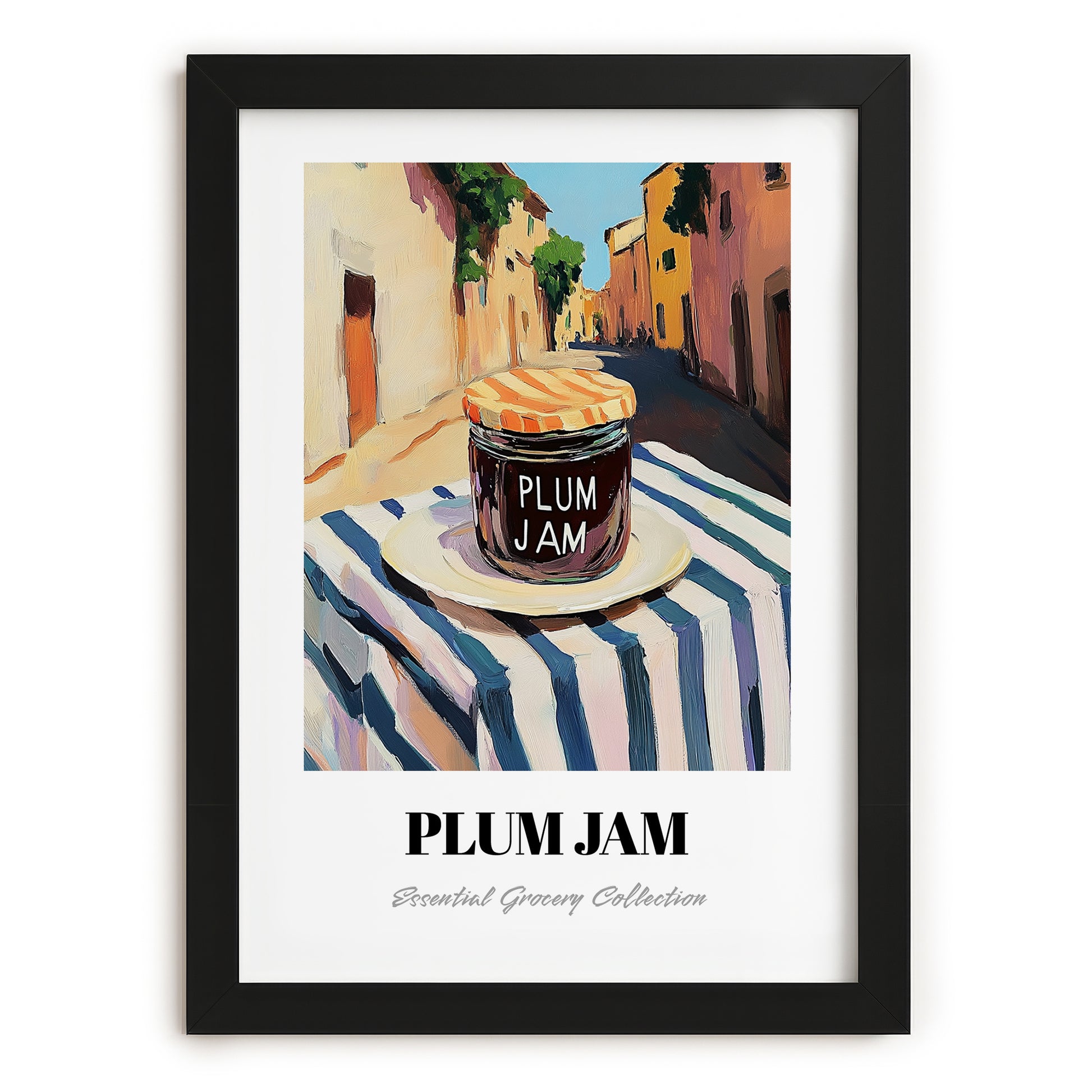 Plum Jam – Italian Street Café Scene, Jam Print, in sleek black frame