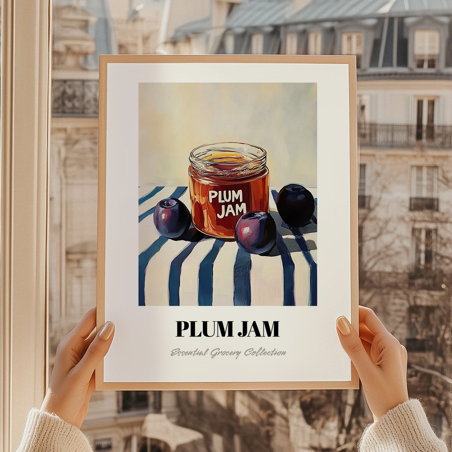 Plum Jam – on Striped Tablecloth, Jam Wall Decor, styled in a charming Paris street view