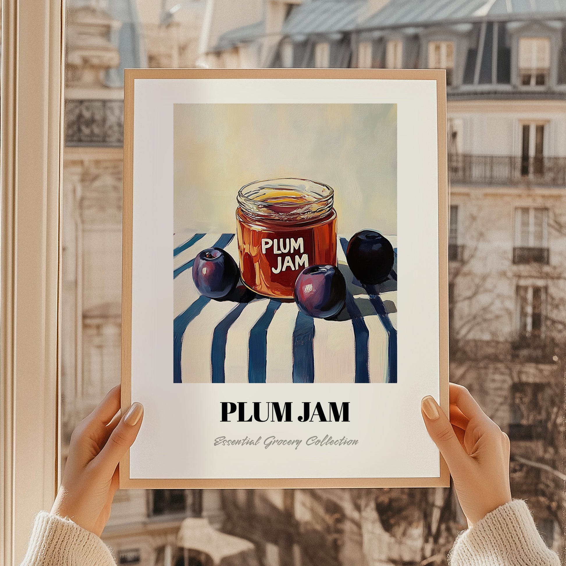 Plum Jam – on Striped Tablecloth, Jam Wall Decor, styled in a charming Paris street view