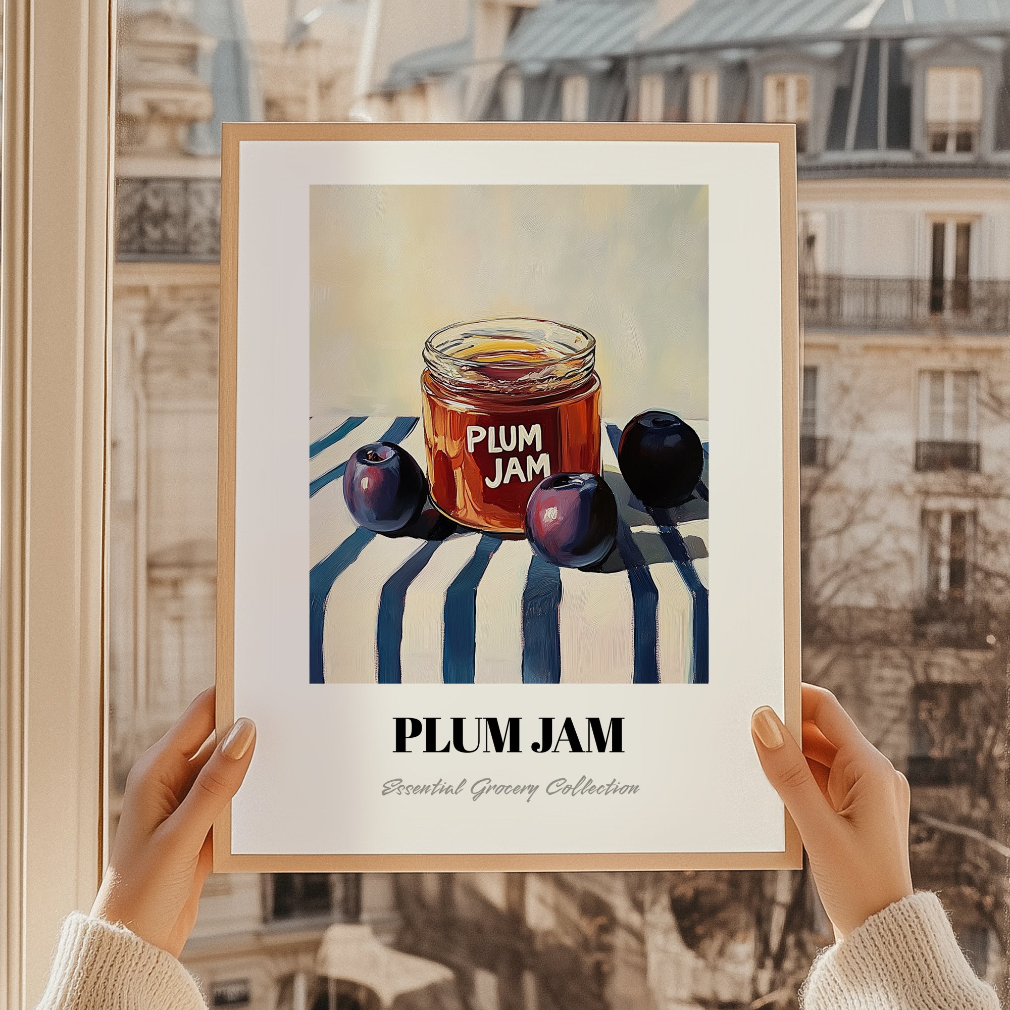 Plum Jam – on Striped Tablecloth, Jam Wall Decor, styled in a charming Paris street view