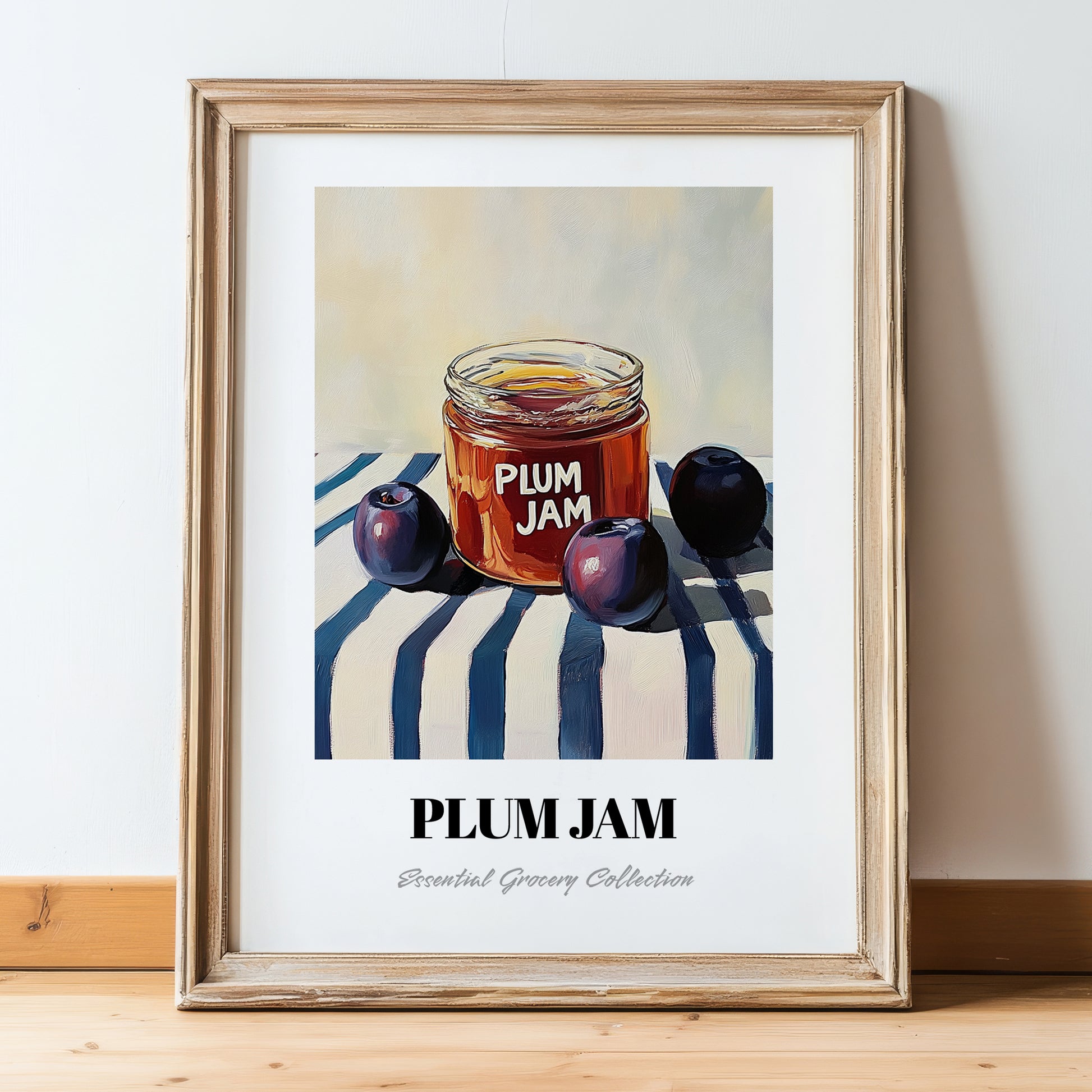 Plum Jam – on Striped Tablecloth, Jam Wall Decor, in wooden frame leaning on the floor