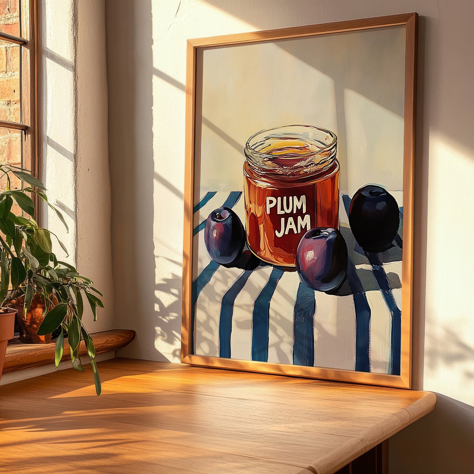 Plum Jam – on Striped Tablecloth, Jam Wall Decor, clean layout with no caption