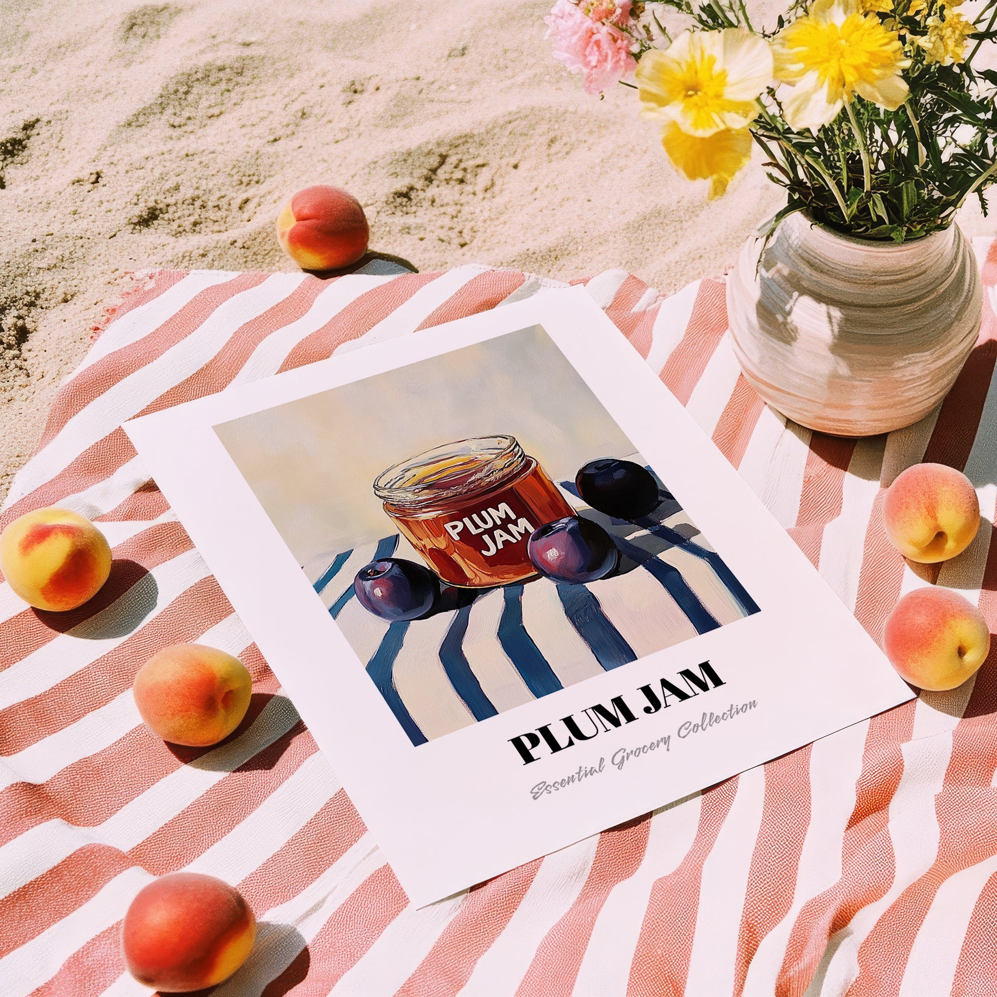 Plum Jam – on Striped Tablecloth, Jam Wall Decor, unframed on coastal sand