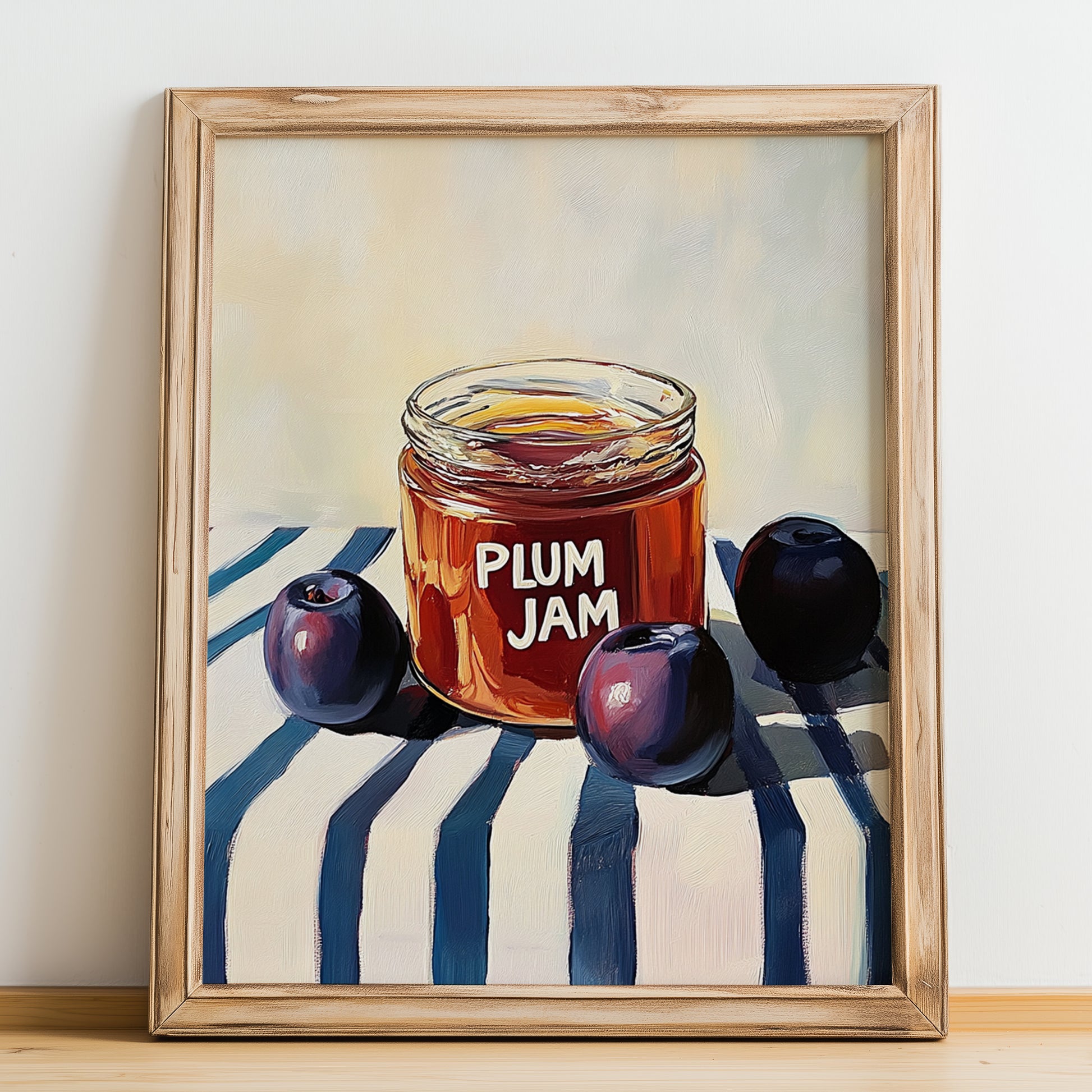 Plum Jam – on Striped Tablecloth, Jam Wall Decor, no-text version framed in wood