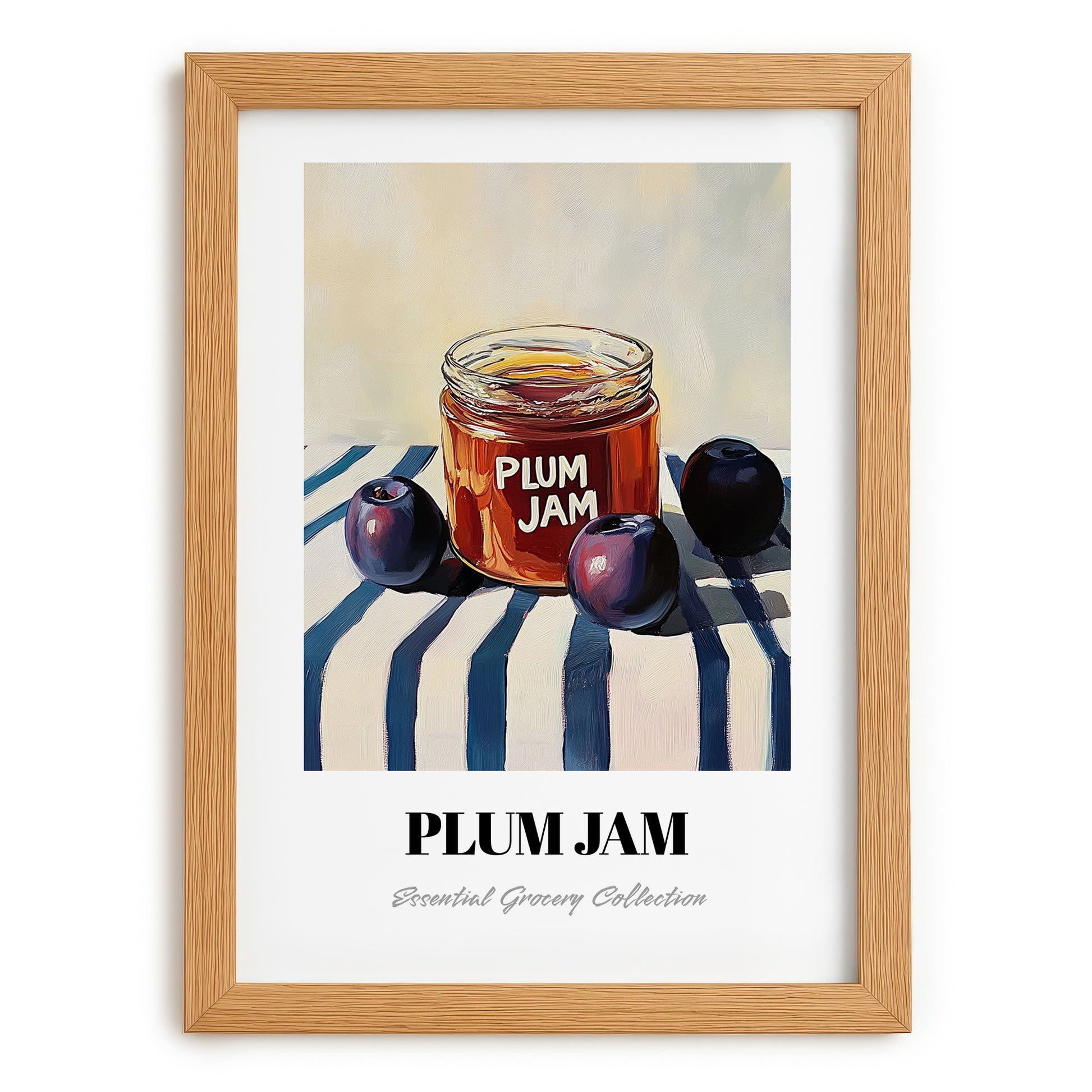 Plum Jam – on Striped Tablecloth, Jam Wall Decor, set in oak frame