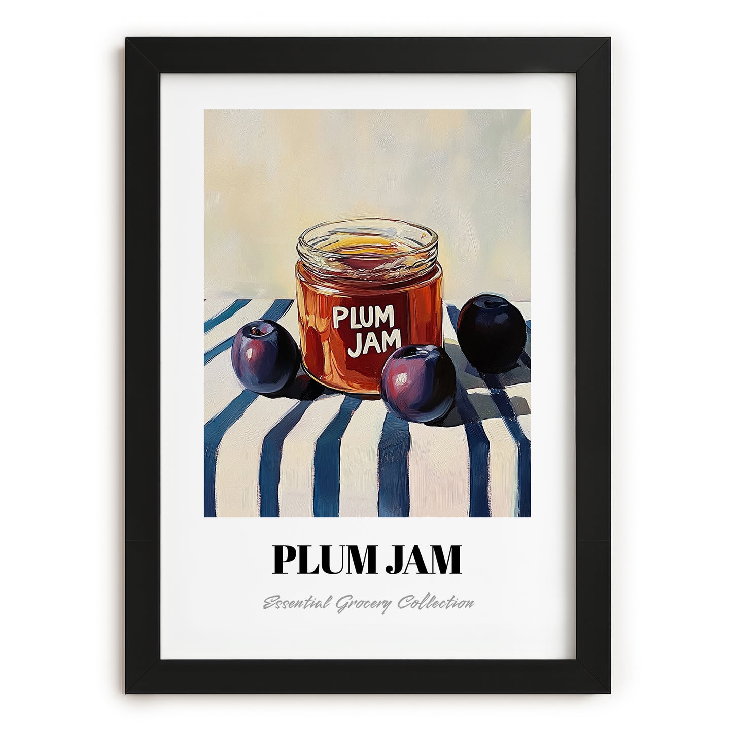 Plum Jam – on Striped Tablecloth, Jam Wall Decor, in sleek black frame