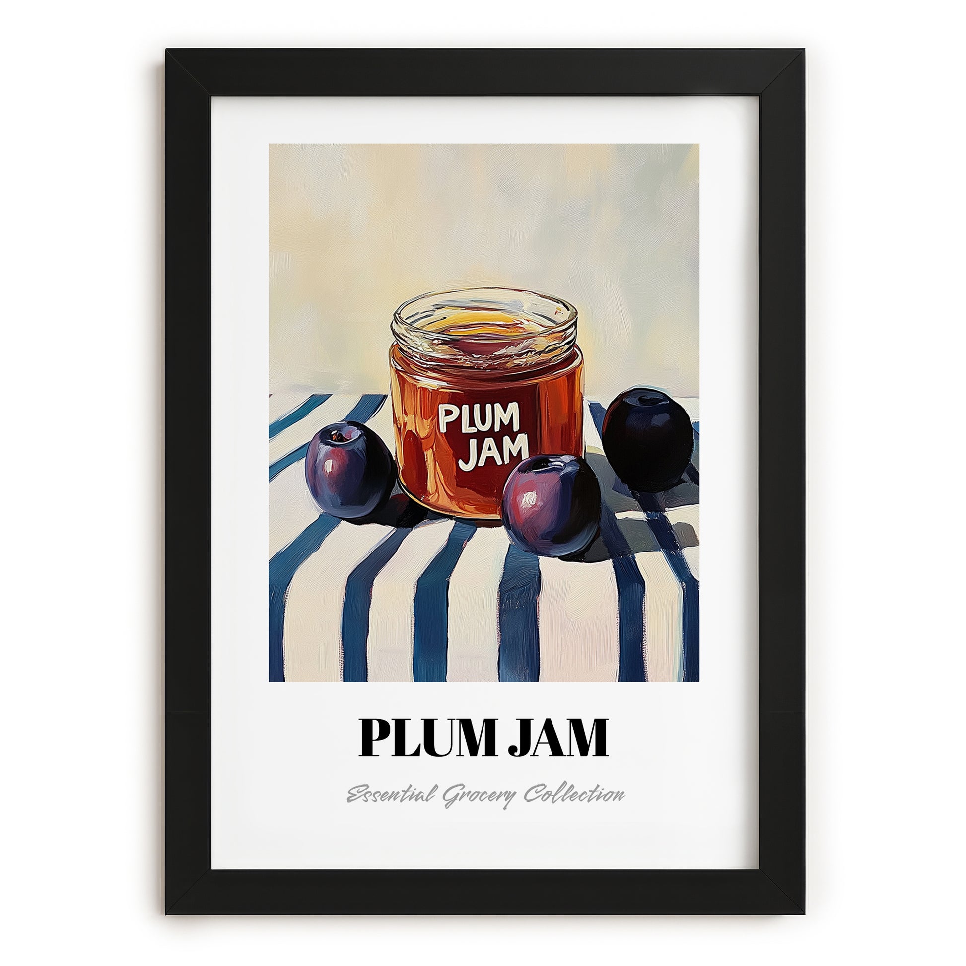 Plum Jam – on Striped Tablecloth, Jam Wall Decor, in sleek black frame