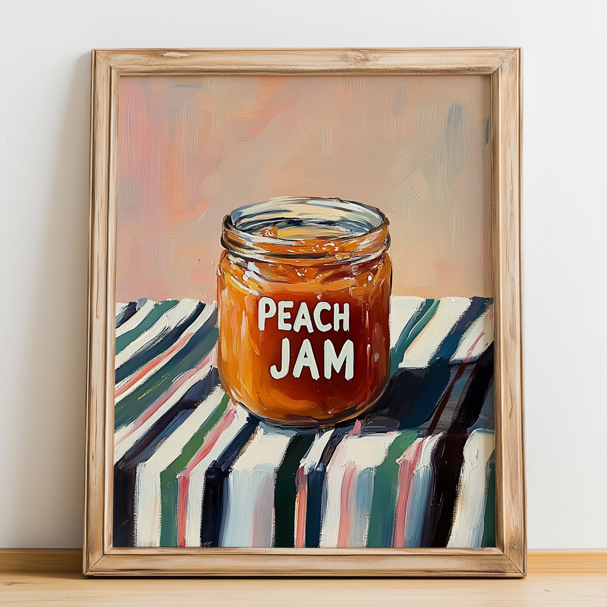 Peach Jam – on Striped Tablecloth, Jam Wall Decor, no-text version framed in wood