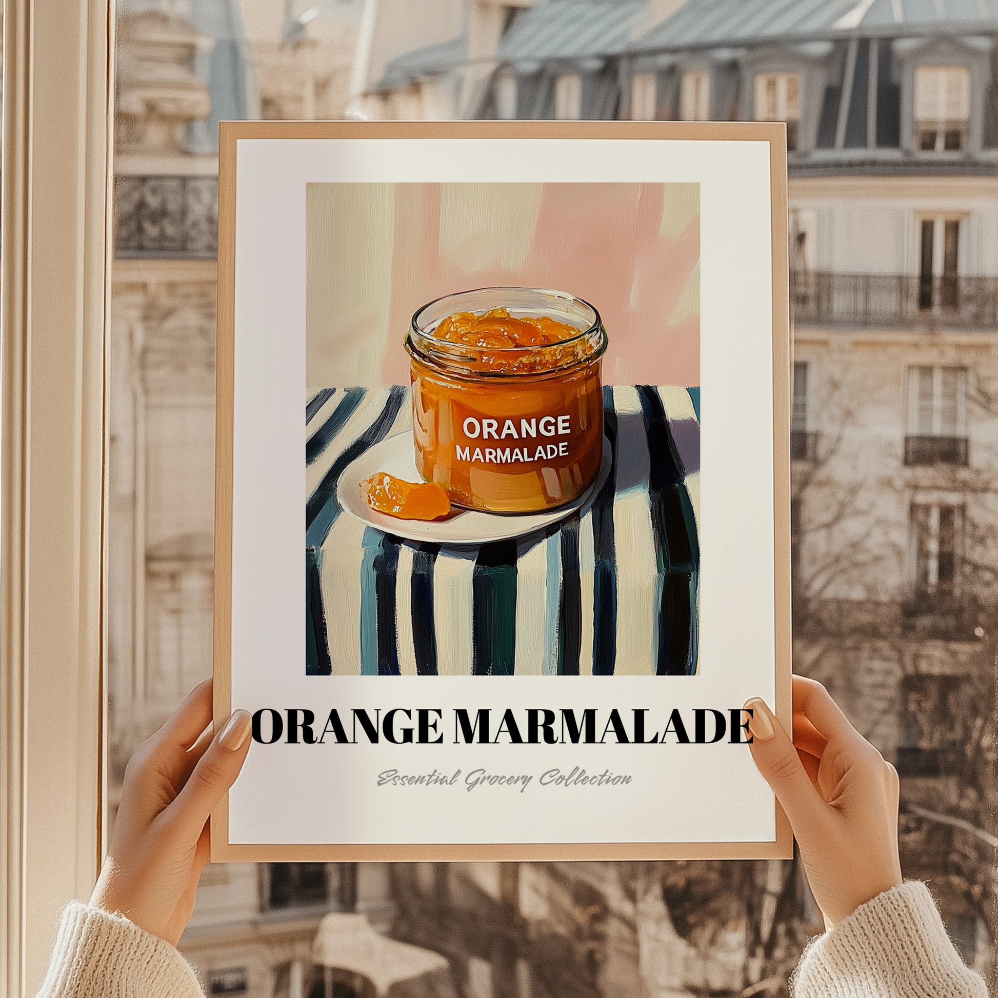 Orange Marmalade – on Striped Tablecloth, Jam Illustration, styled in a charming Paris street view