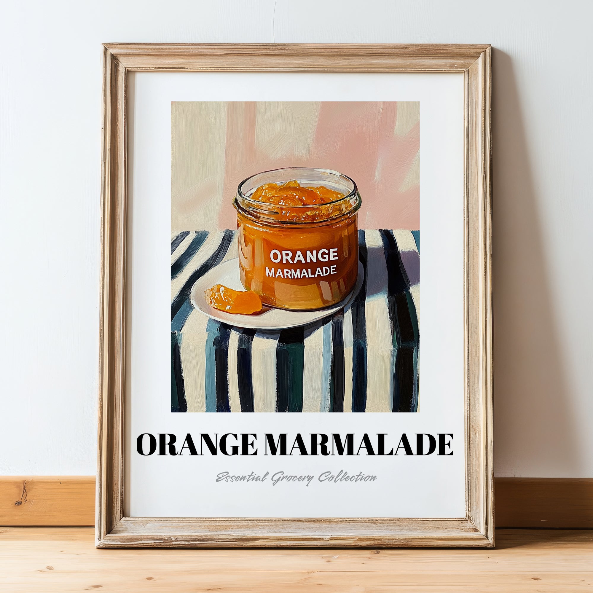 Orange Marmalade – on Striped Tablecloth, Jam Illustration, in wooden frame leaning on the floor