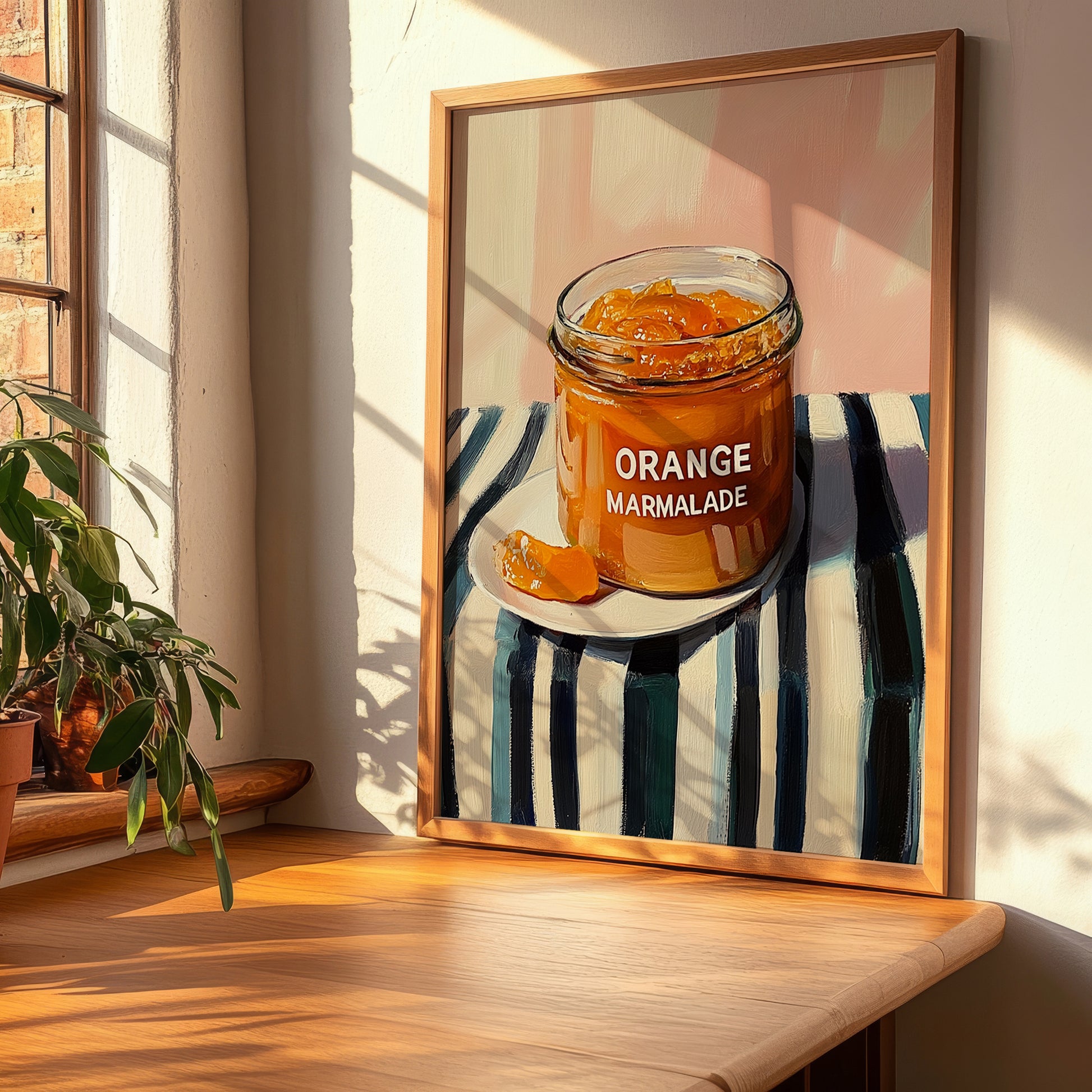 Orange Marmalade – on Striped Tablecloth, Jam Illustration, clean layout with no caption