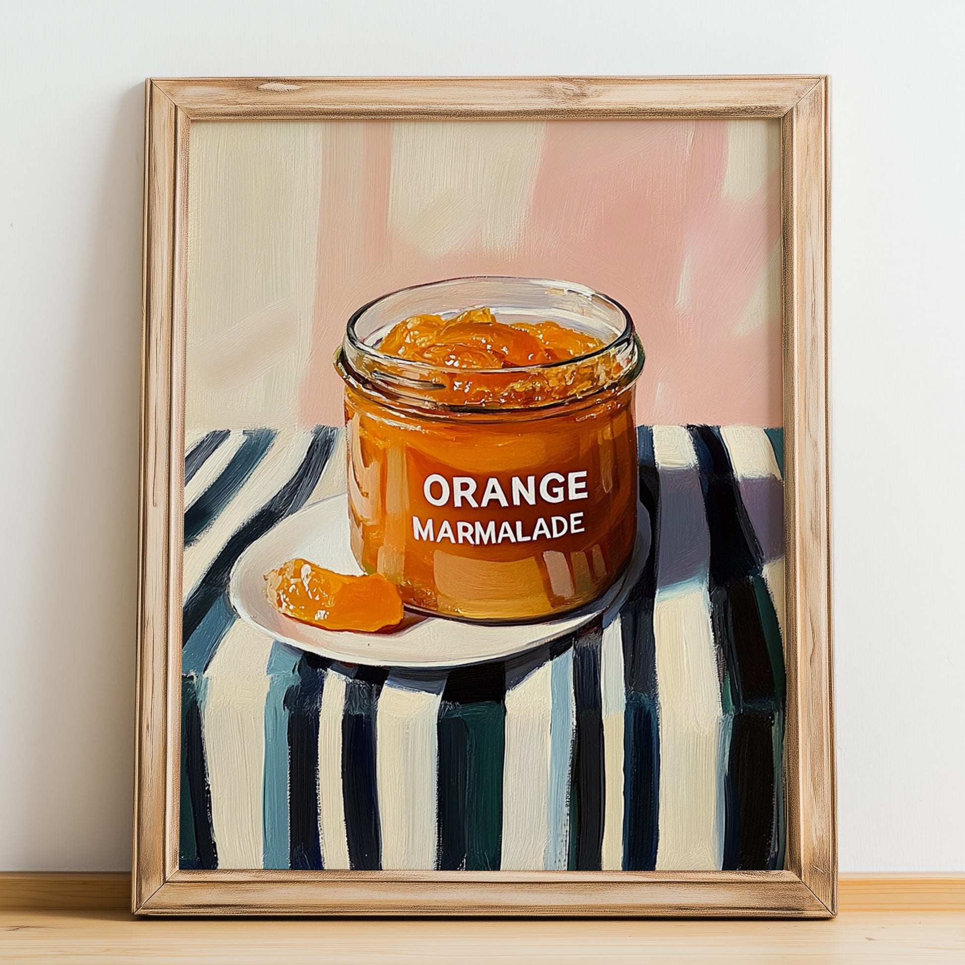 Orange Marmalade – on Striped Tablecloth, Jam Illustration, no-text version framed in wood