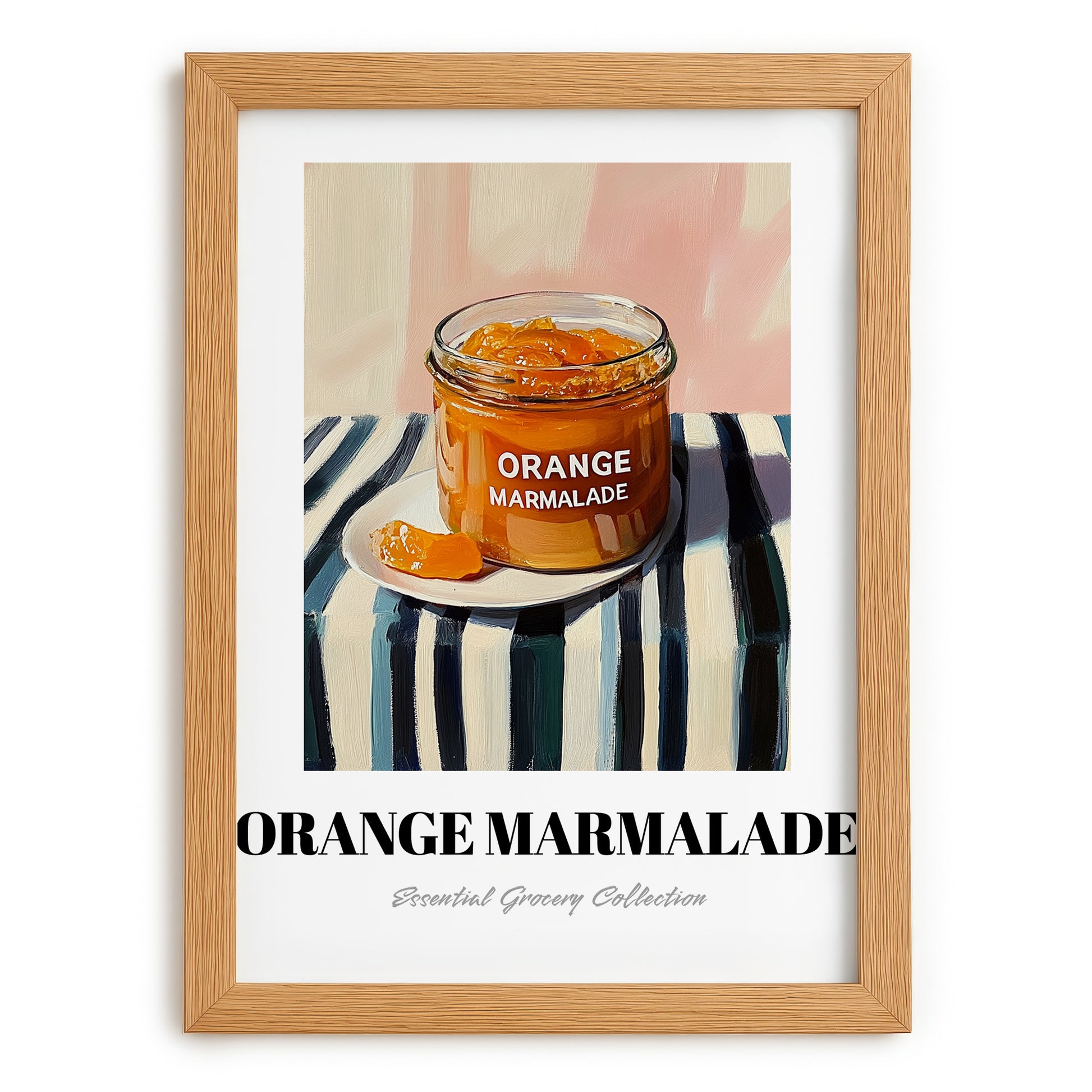 Orange Marmalade – on Striped Tablecloth, Jam Illustration, set in oak frame