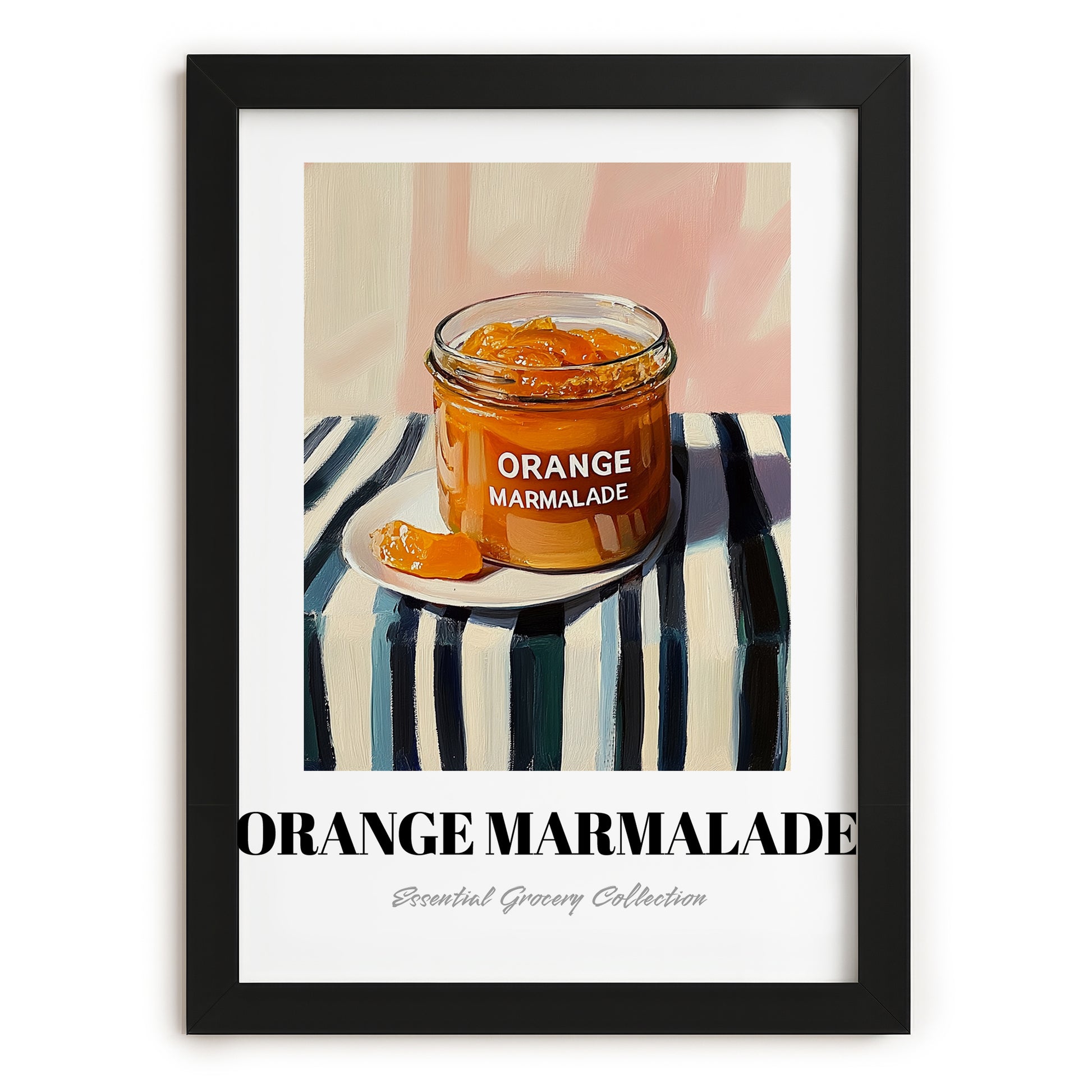 Orange Marmalade – on Striped Tablecloth, Jam Illustration, in sleek black frame