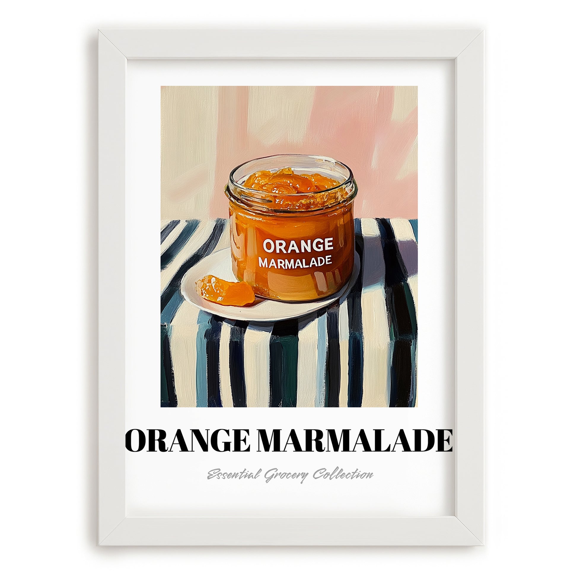 Orange Marmalade – on Striped Tablecloth, Jam Illustration, placed in minimal white frame
