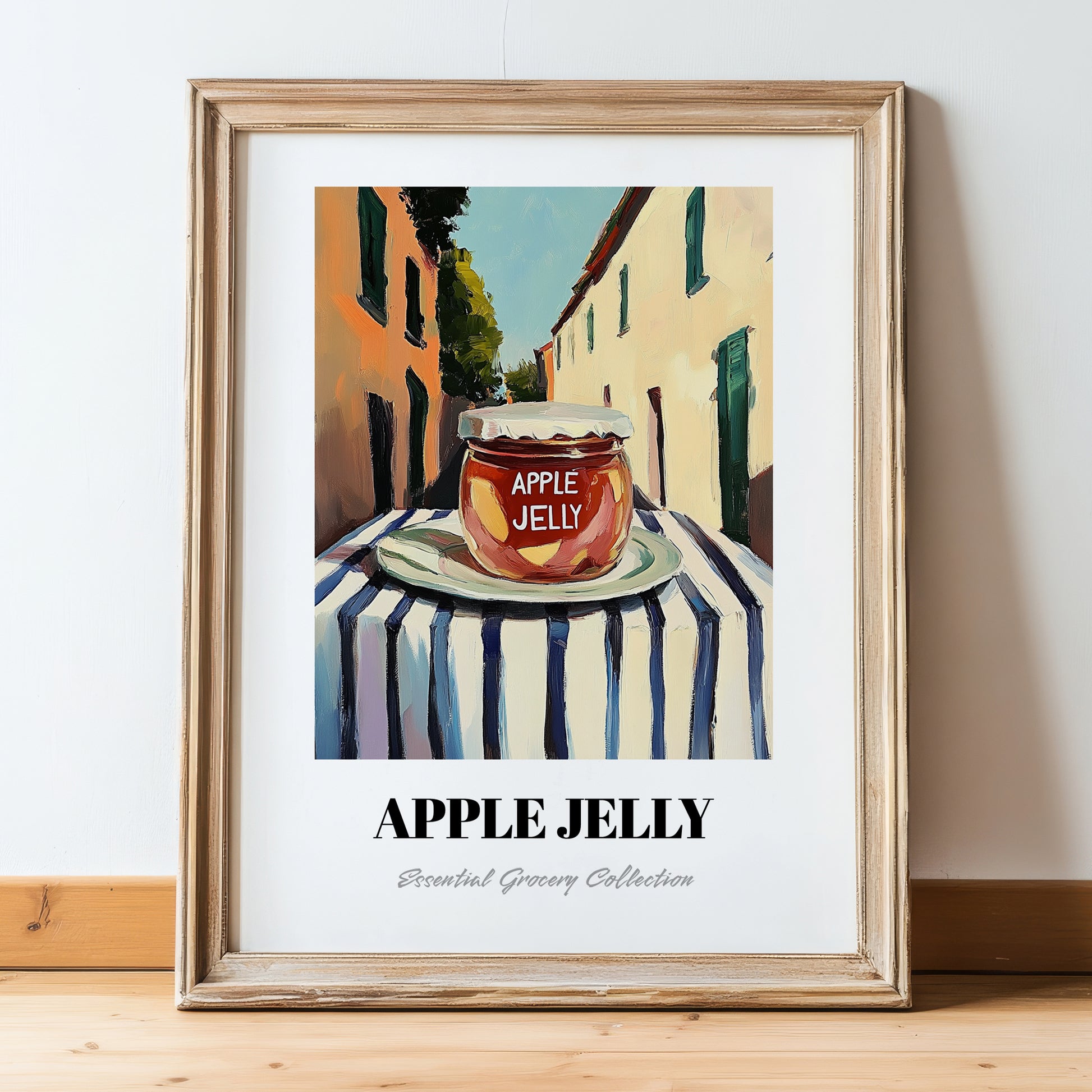 Apple Jelly – Italian Outdoor Café Scene, Jam Painting, in wooden frame leaning on the floor